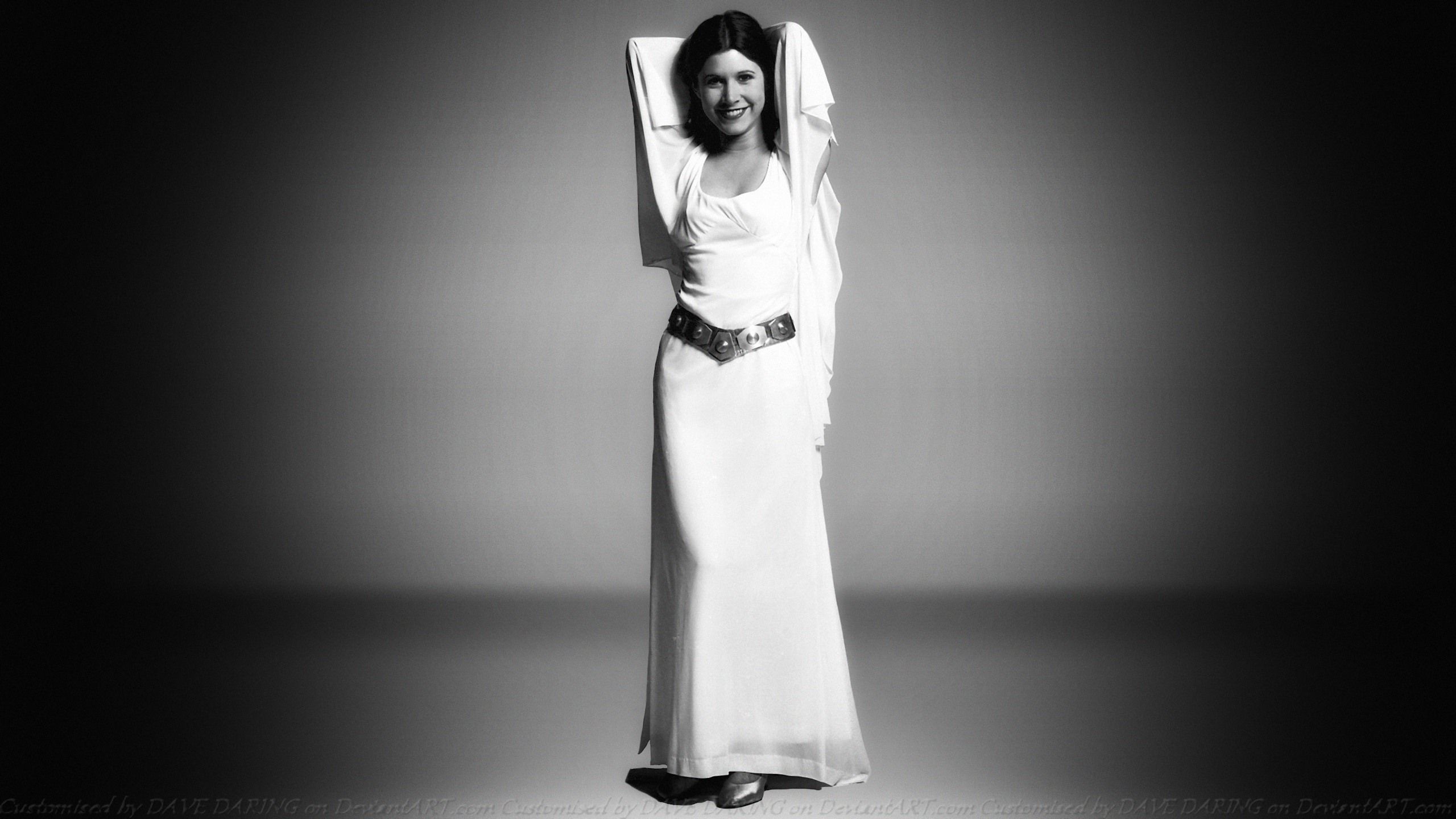 Carrie Fisher Star Wars Women Monochrome Arms Up Princess Leia Smiling Actress Deceased 2560x1440