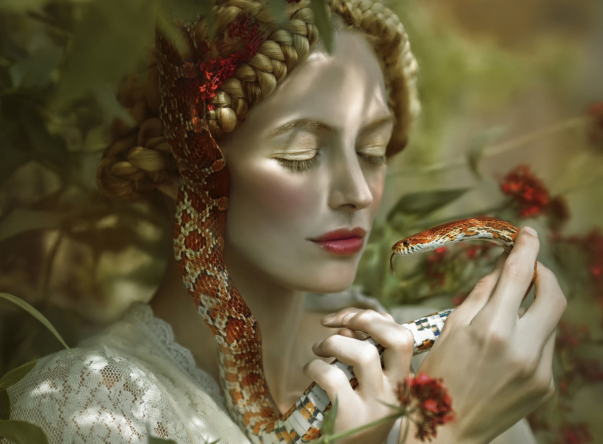 Women A M Lorek Braids Blonde Fantasy Art Makeup Closed Eyes Snake Model Dappled Sunlight Conceptual 2048x1508