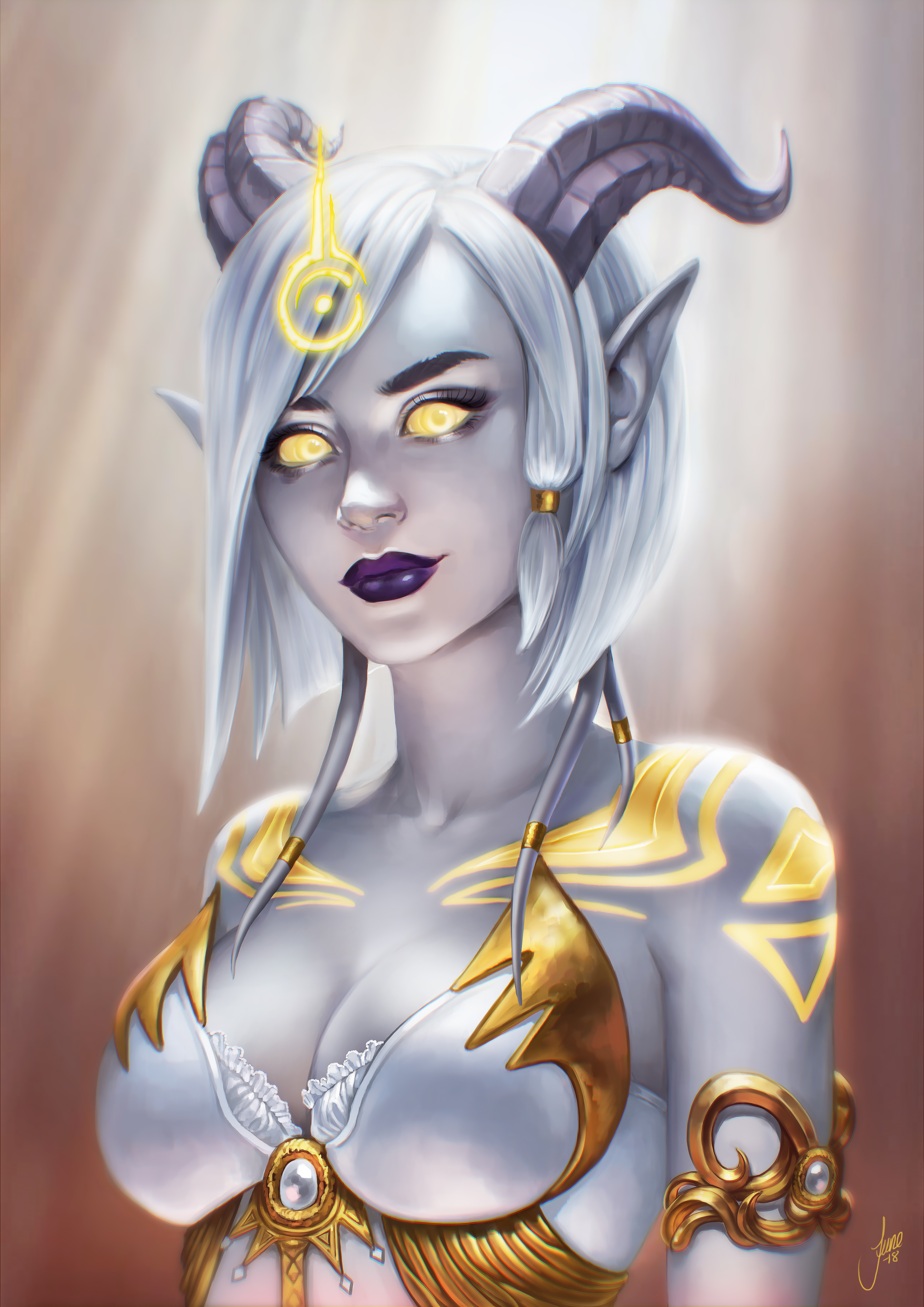 Draenei World Of Warcraft Fantasy Girl Glowing Eyes Horns PC Gaming Fantasy Art Yellow Eyes 3508x4961