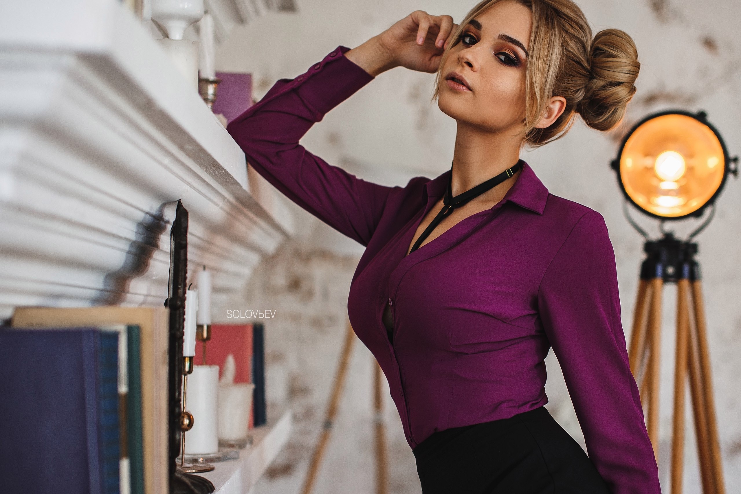 Women Model Artem Solov Ev Solovbev Blonde Hand On Face Shirt Purple Clothing 2560x1707