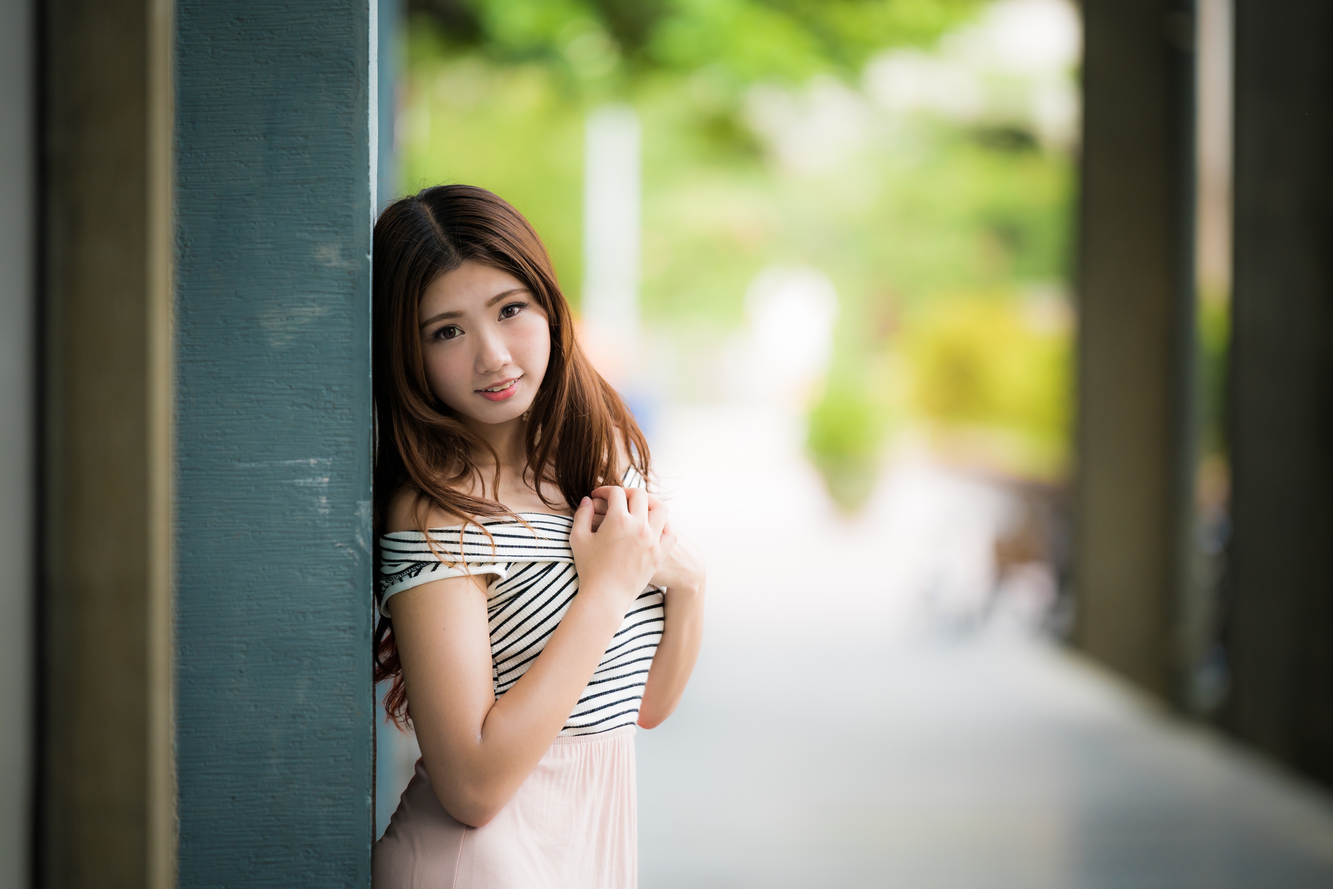 Asian Women Brunette Smiling Women Outdoors Striped Clothing Portrait Portrait Hands On Chest Long H 4500x3002