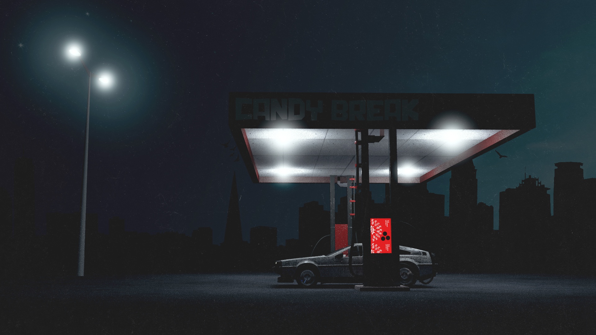 Night DeLorean Car Vehicle Digital Art Gas Stations 1920x1080