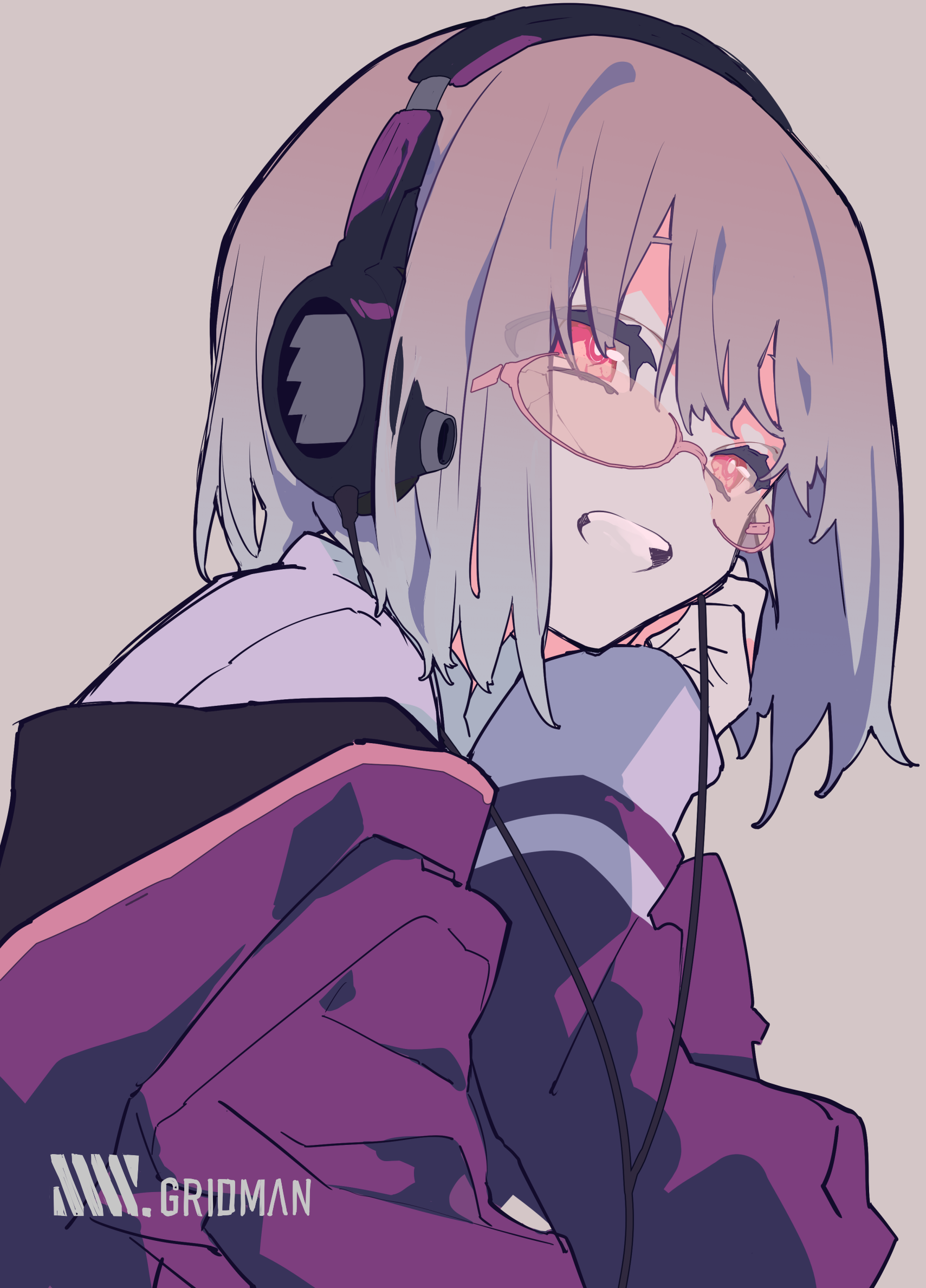SSSS GRiDMAN Anime Girls Short Hair Violet Hair Pink Eyes Headphones Simple Background Smiling Akane 1709x2376