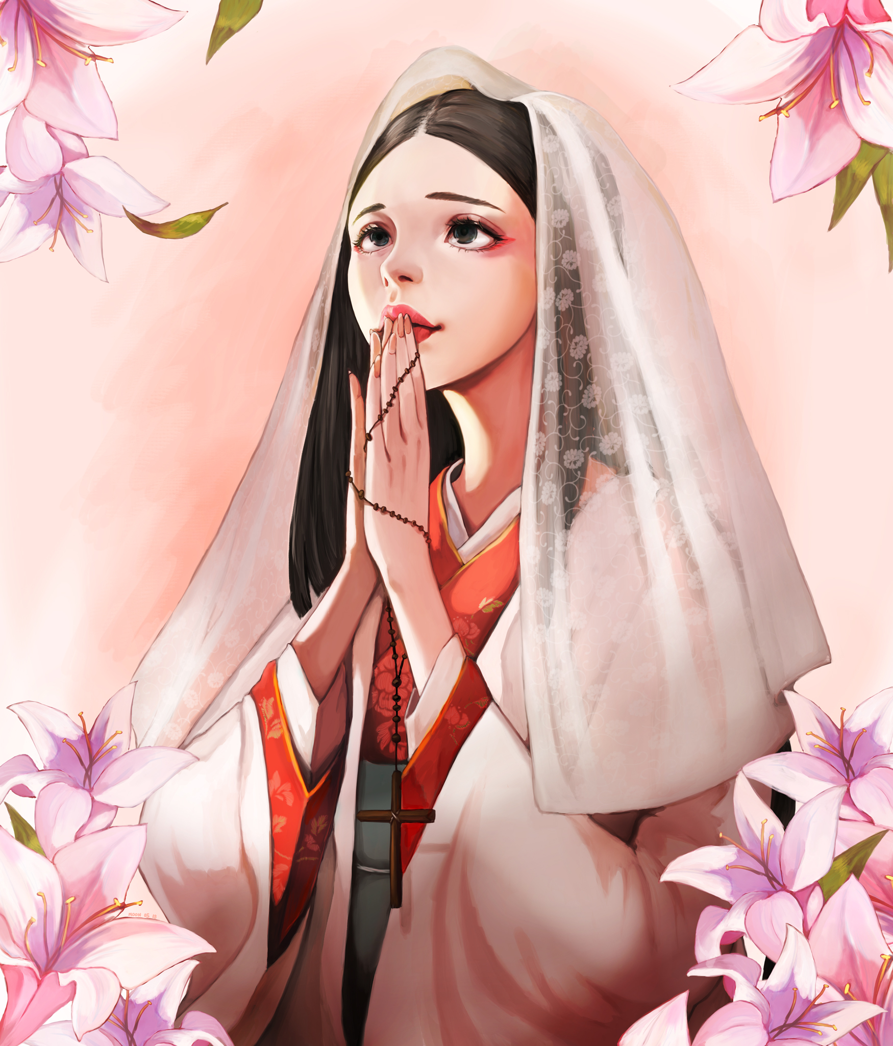 Anime Girls Anime Original Characters Brunette Veils Cross Holy Rosary Looking Up Long Hair Portrait 1750x2050