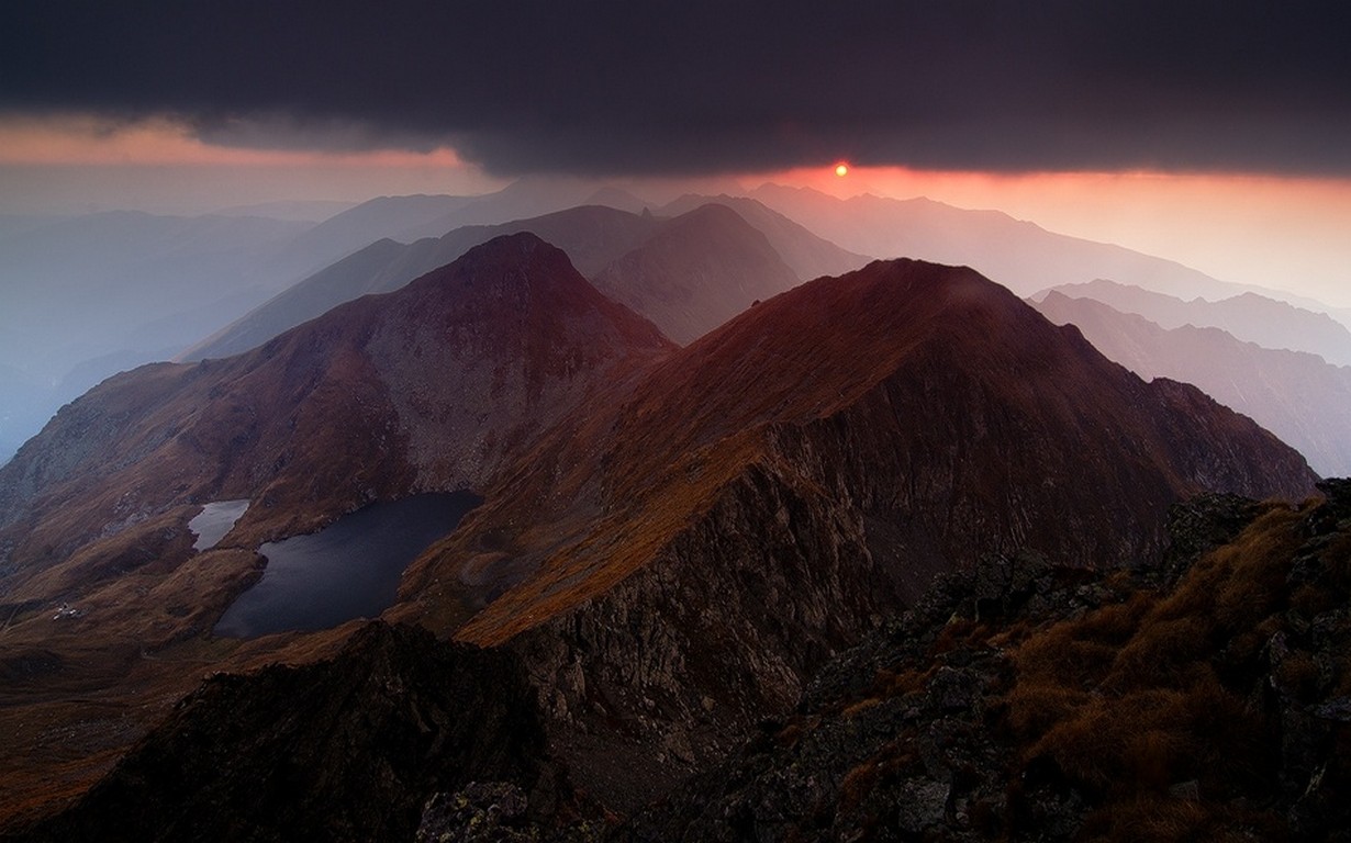 Landscape Nature Mountains Sunset Lake Summit Clouds Mist 1230x768