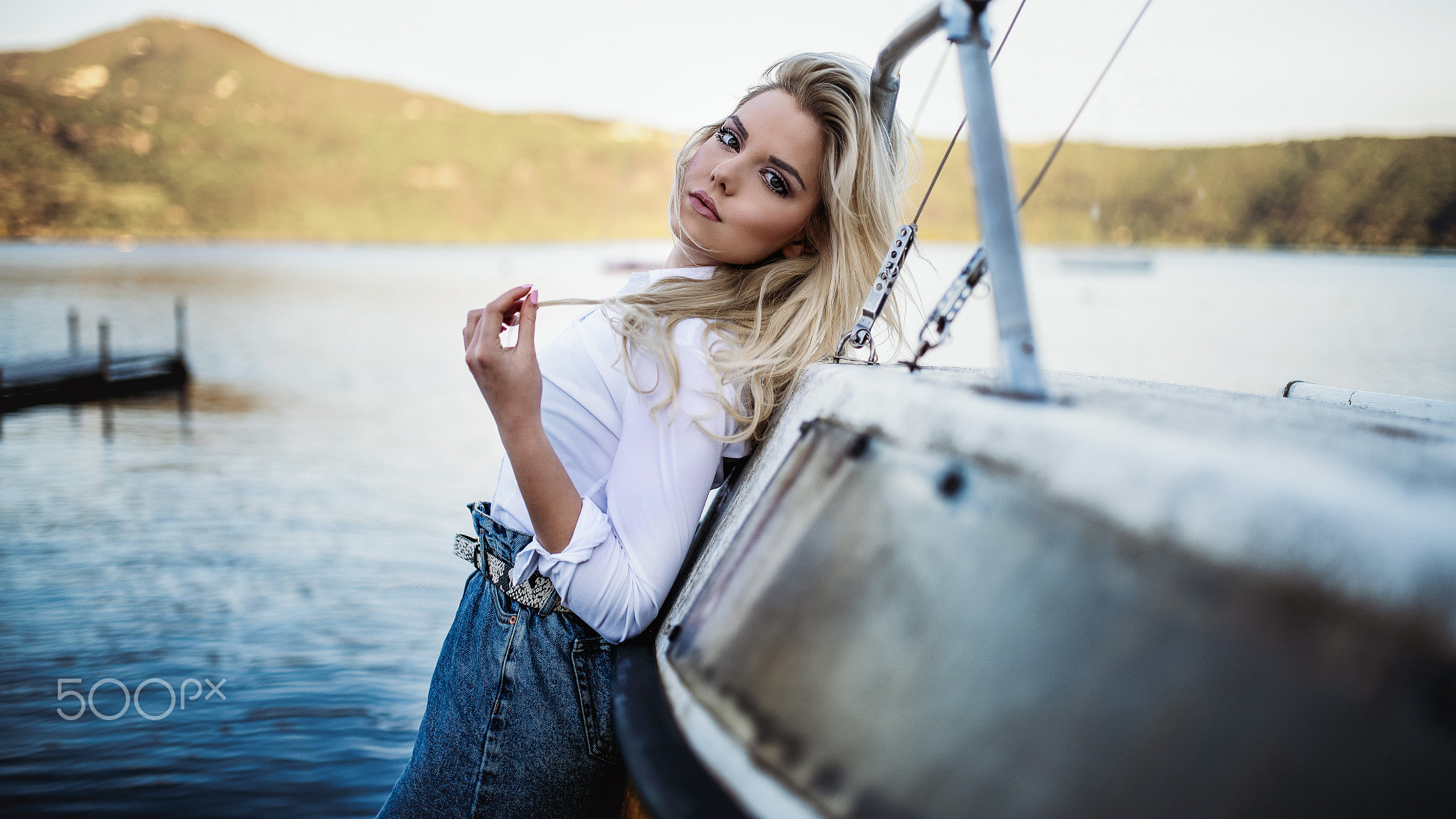 Women Blonde Face Long Hair Women Outdoors Dark Eyes White Shirt Depth Of Field Lake Portrait Natura 2048x1152