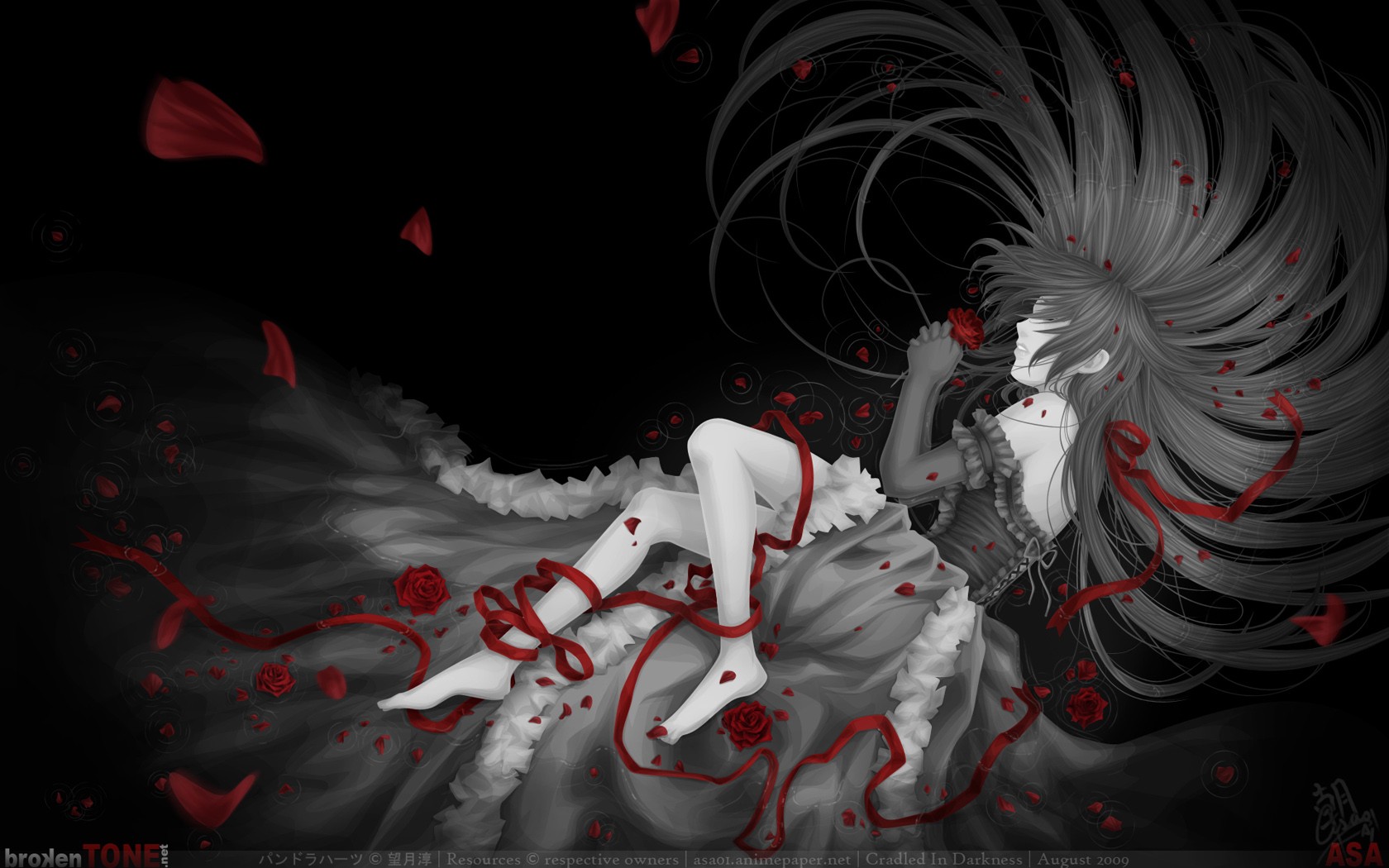 Pandora Hearts 2009 Year Selective Coloring Flowers Red Flowers Long Hair Anime Girls Legs Barefoot  1680x1050