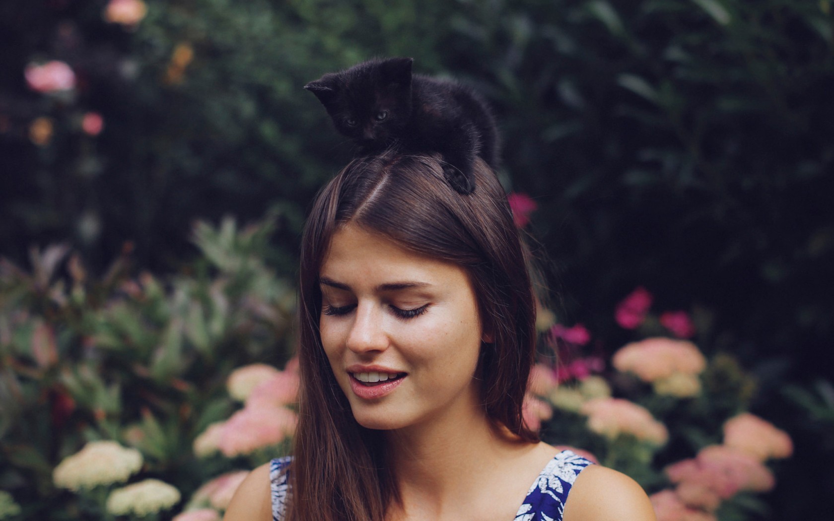 Women Cats Brunette Women With Cat Women Outdoors Closed Eyes Smiling Open Mouth Long Hair Straight  1680x1050
