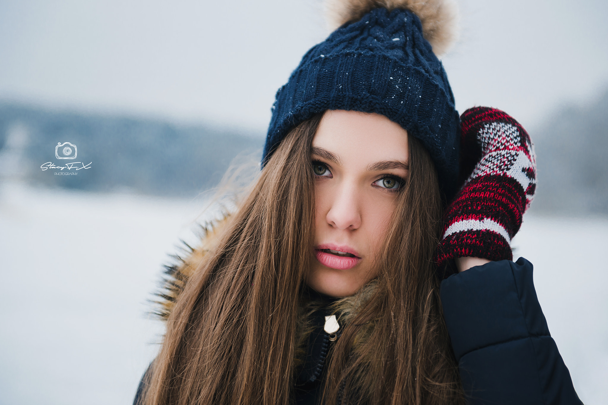 Women Brunette Green Eyes Open Mouth Woolen Mittens Bokeh Jacket Women Outdoors Long Hair Black Jack 2048x1367