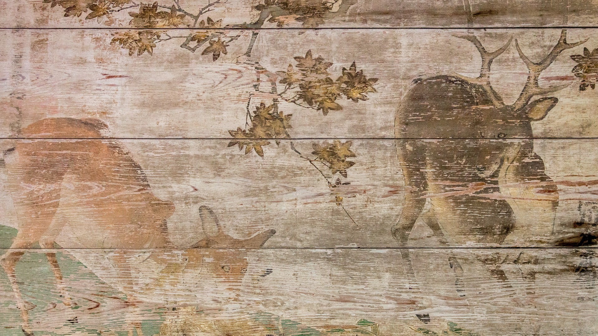 Nature Animals Digital Art Deer Wooden Surface Wood Painting Planks Branch Leaves Beige 1920x1080