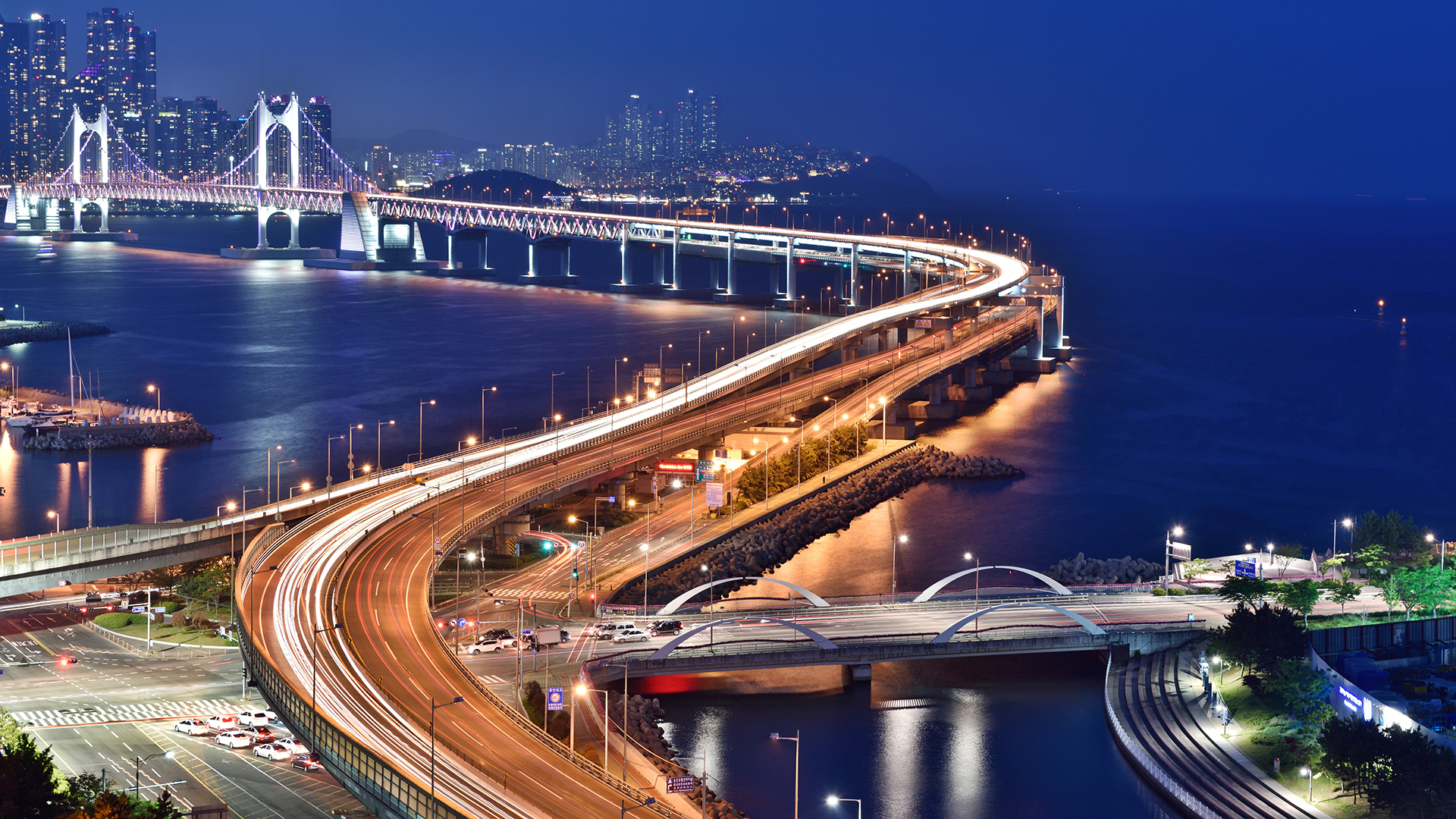 Night Road Photography South Korea Busan Bridge Light Trails 1920x1080