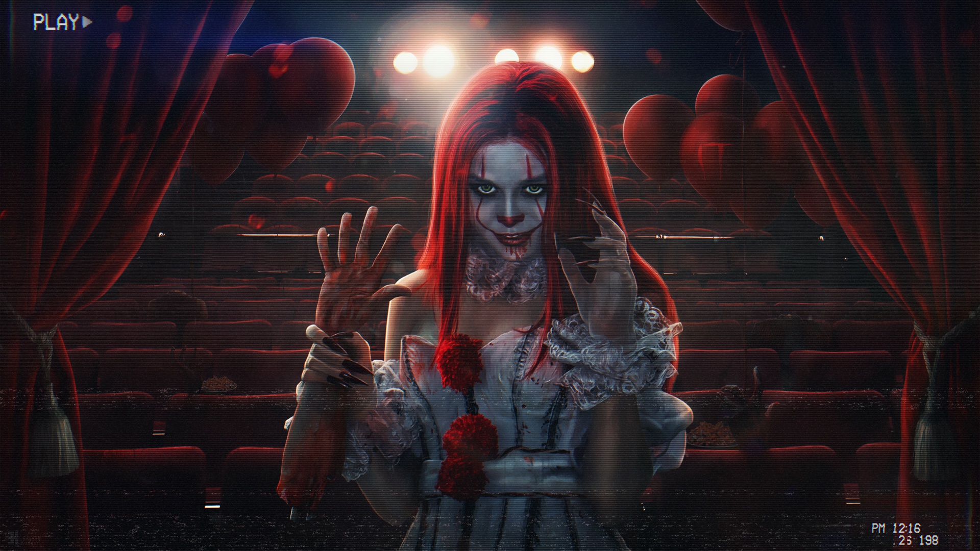 Horror Redhead Balloon Clown Women Artwork It Movie 1920x1080