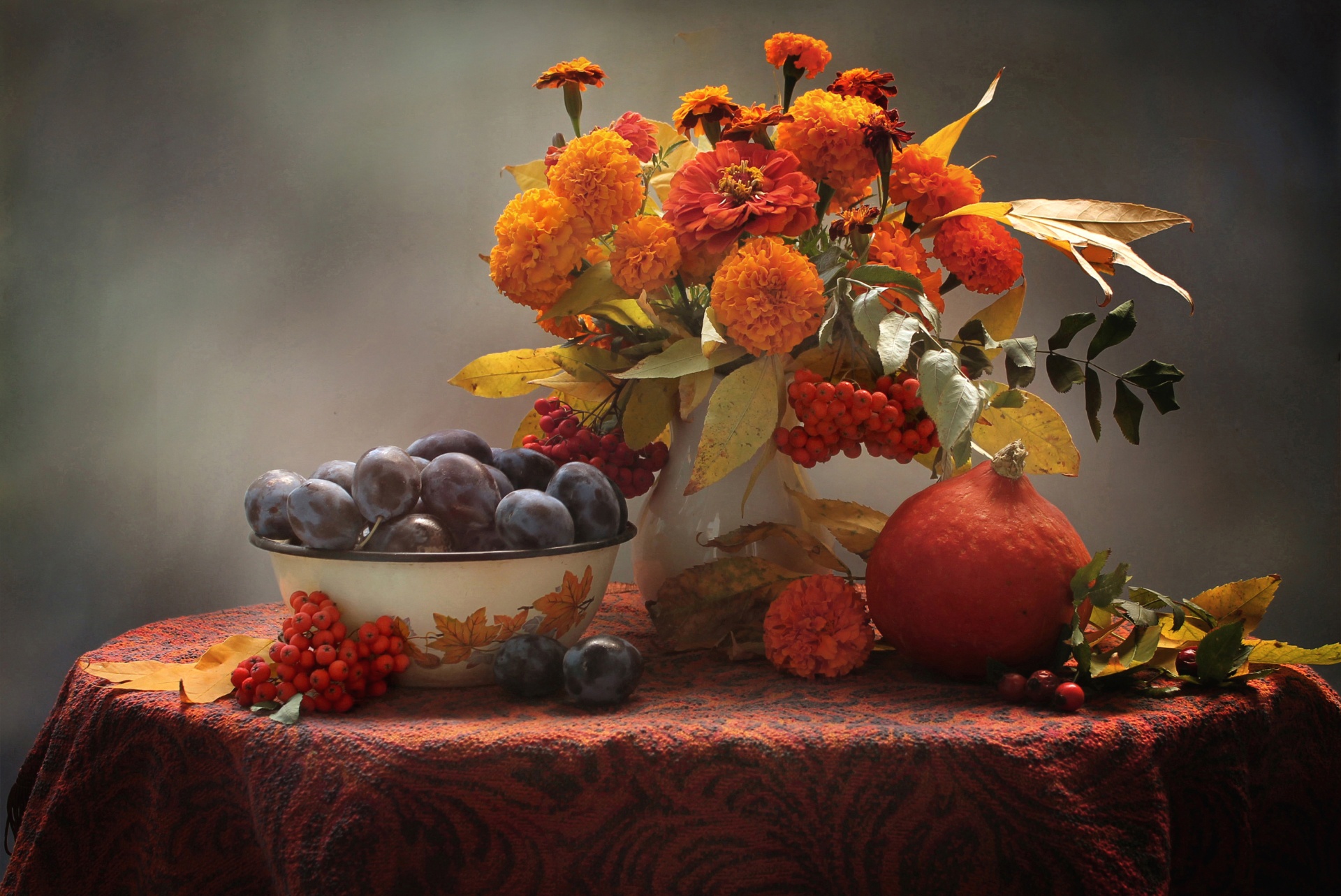 Fall Plum Fruit Still Life Pumpkin Marigold Flower Orange Flower 1920x1283