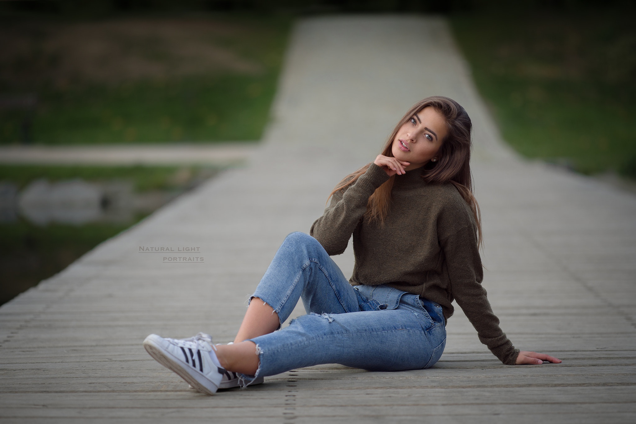 Women Model Sitting Women Outdoors Grey Sweater Torn Jeans Road Touching Face Brunette Open Mouth Ma 2048x1365