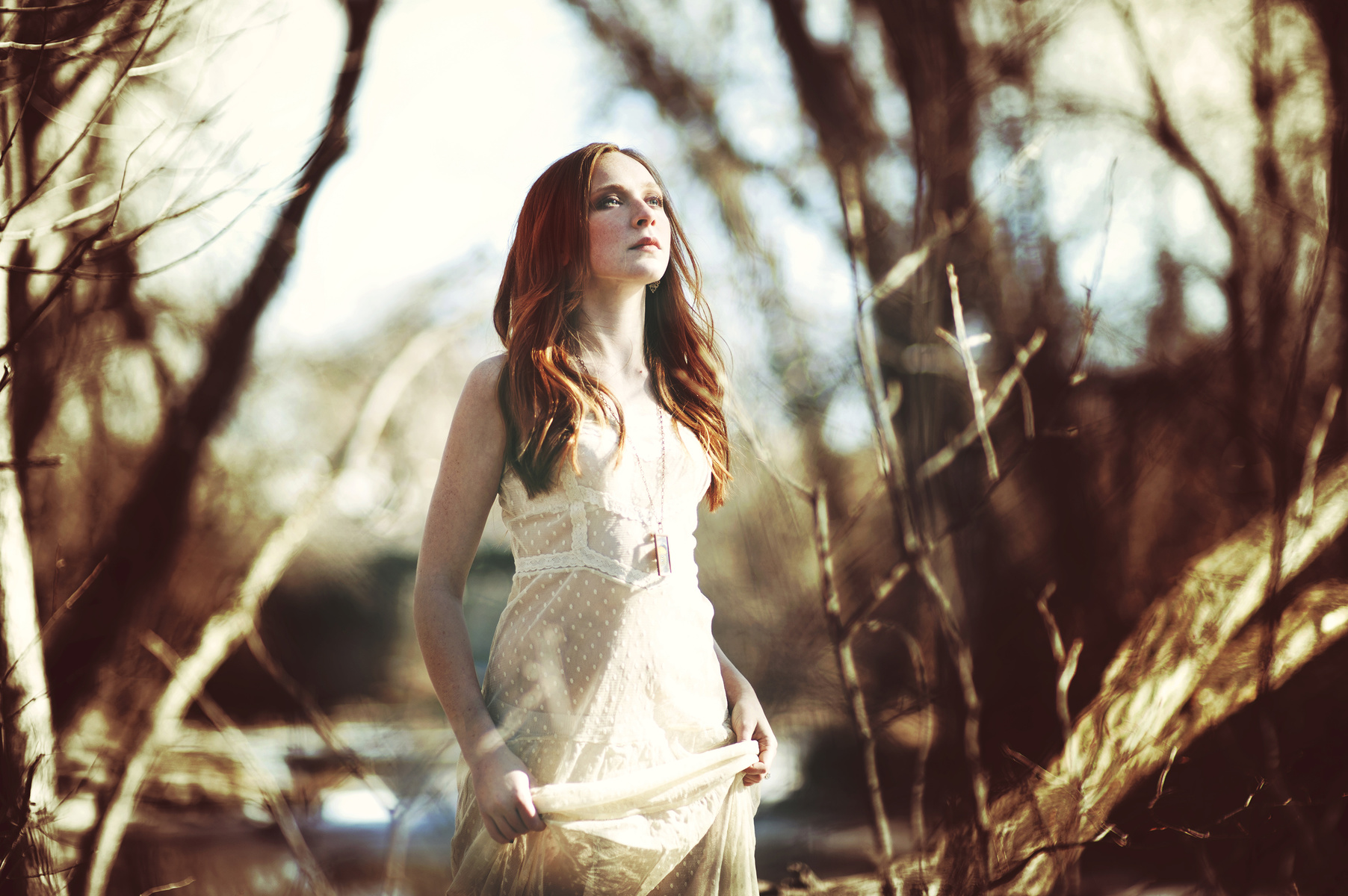 Charles Hildreth Women Model Redhead Dress Necklace Looking Into The Distance Depth Of Field Women O 1804x1200