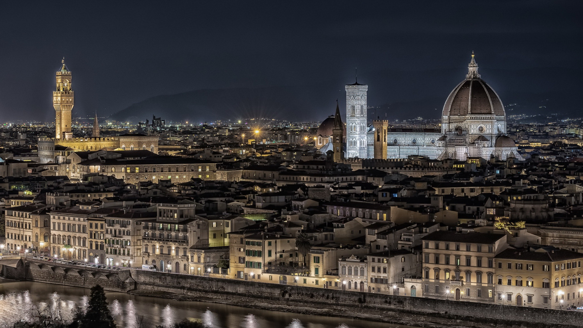 Architecture Building Night Florence Italy Cityscape Old Building House River Tower Cathedral Lights 1920x1080