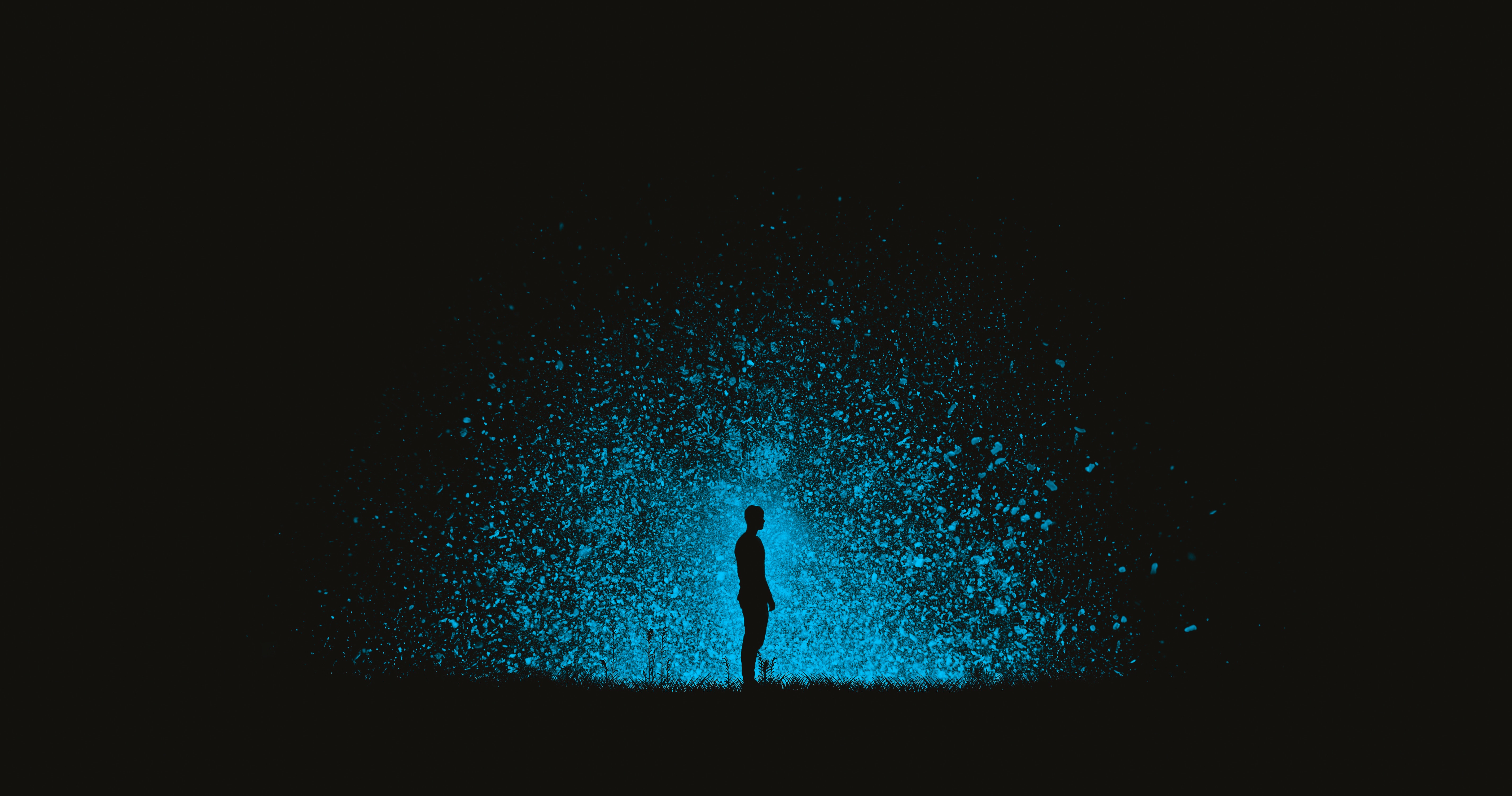 Silhouette Night Dark Black Blue Men Men Outdoors Outdoors Lights Glowing Cyan Particle 5703x3005