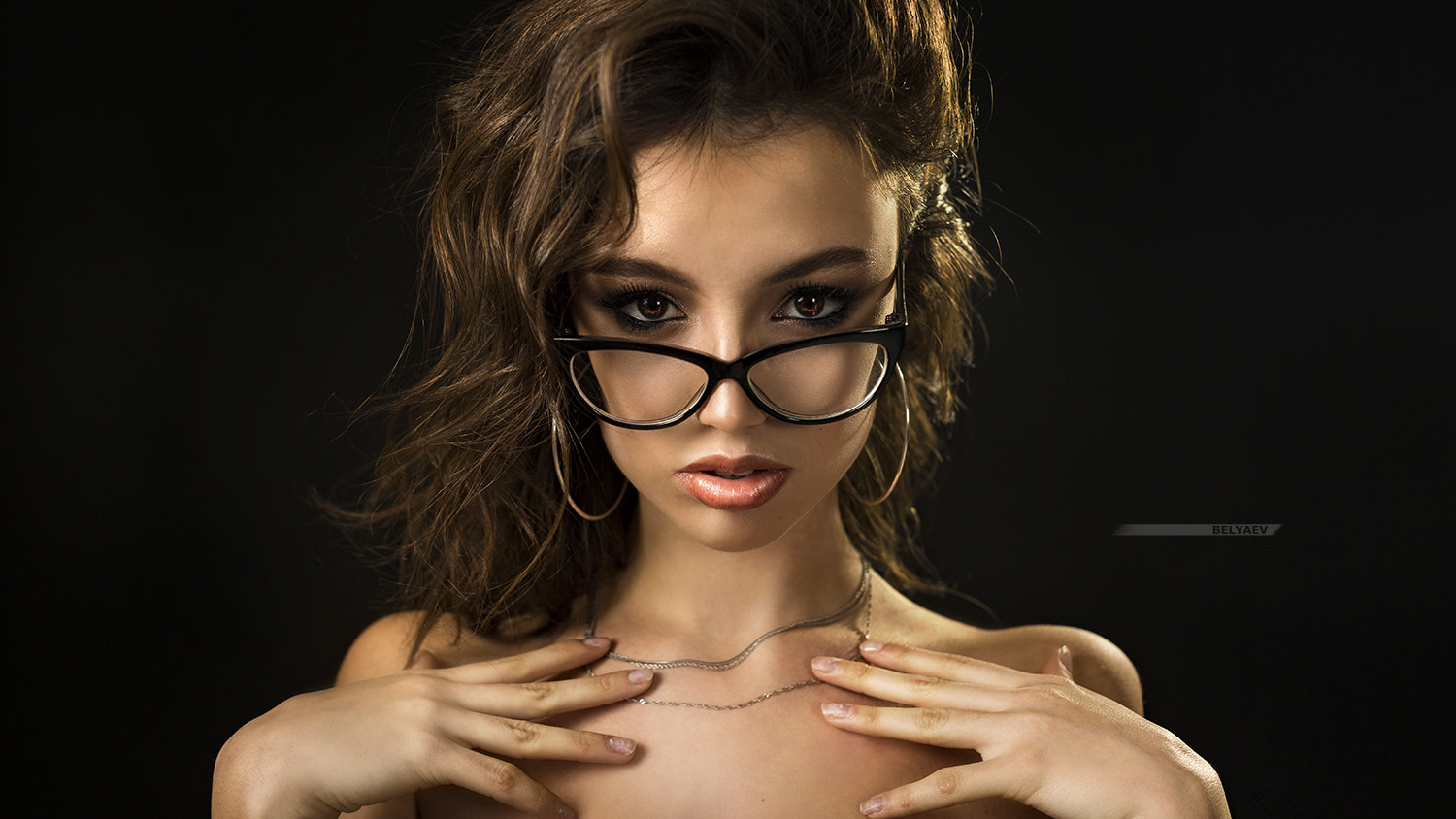 Women Black Background Face Portrait Women With Glasses Bare Shoulders Dmitry Belyaev Hand On Chest 1500x844