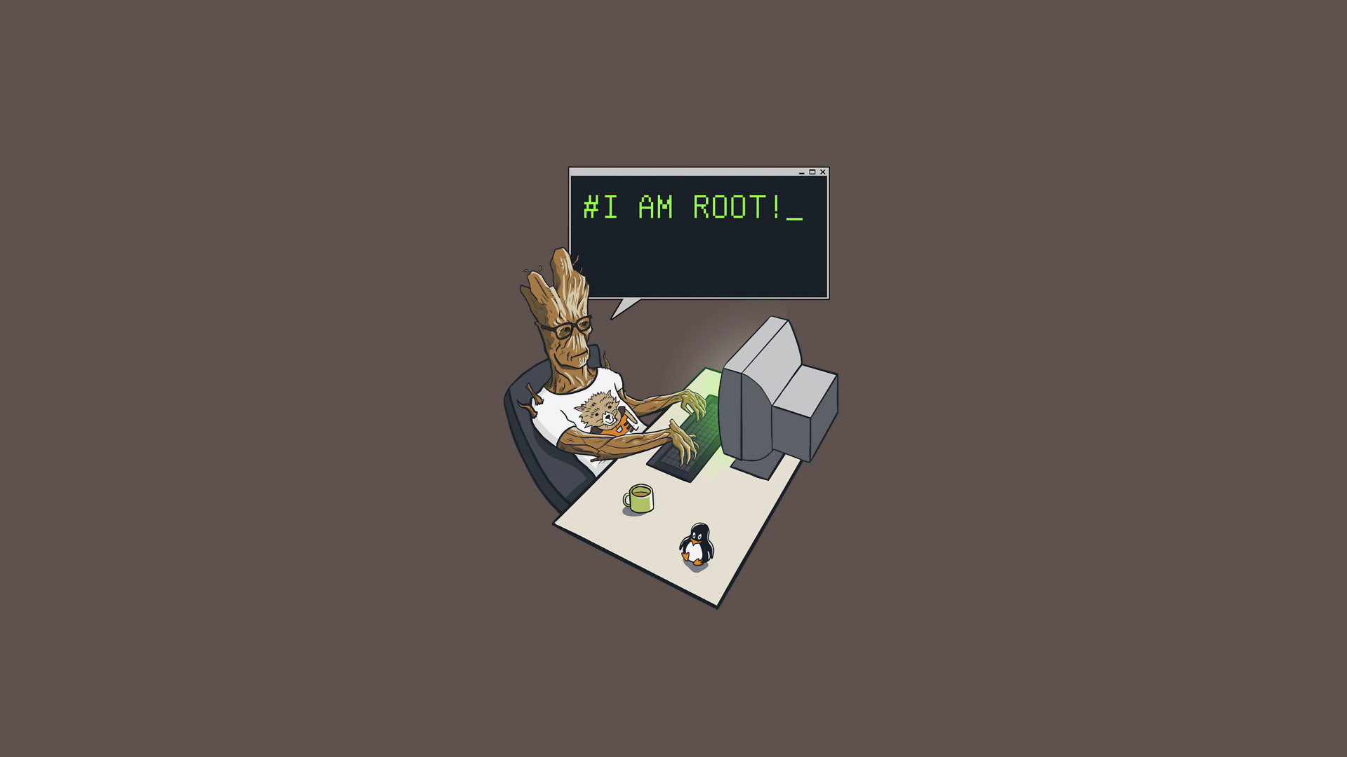 Groot Minimalism Simple Background Linux Geek Humor Computer Beige Beige Background 1920x1080