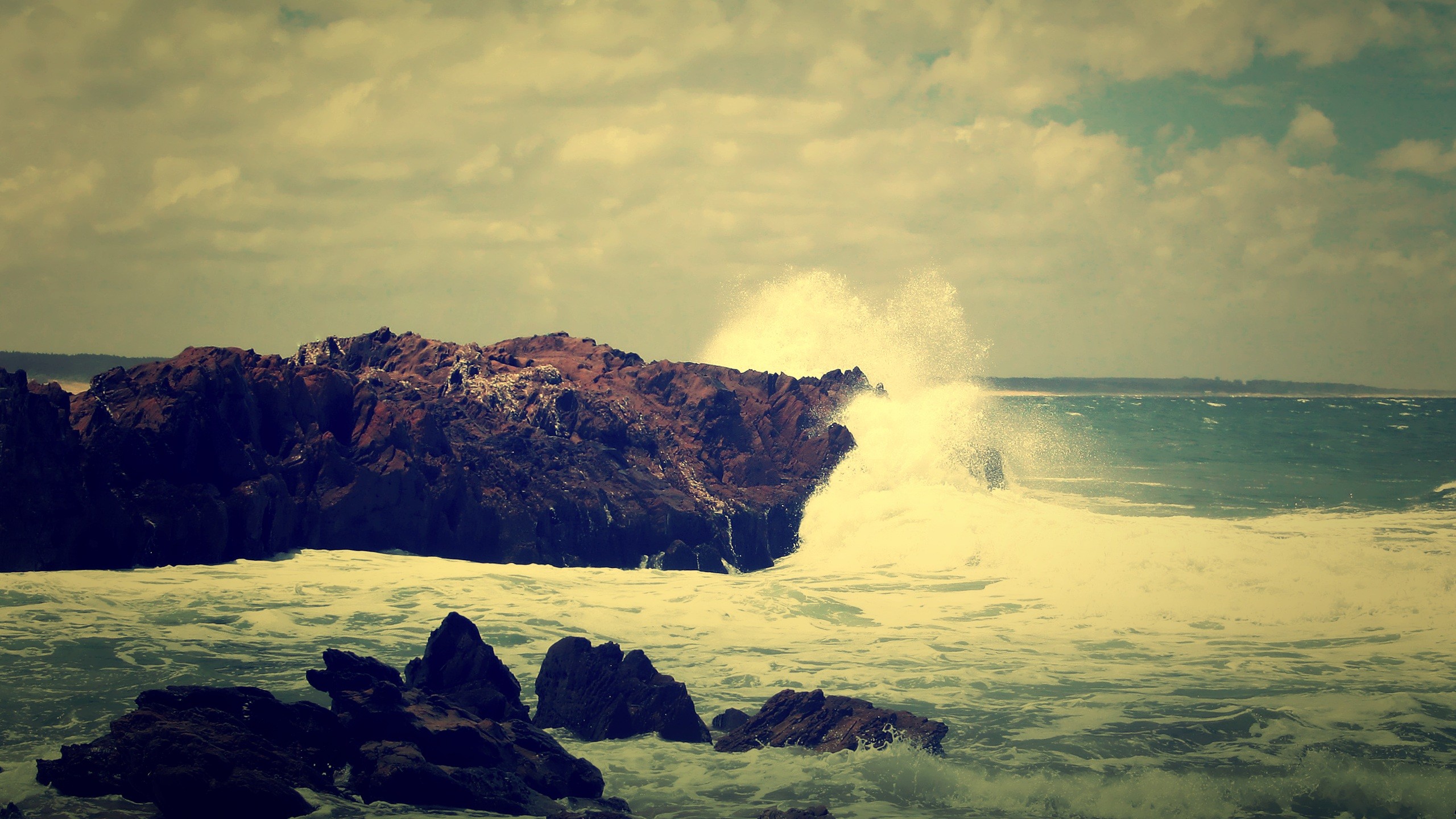 Filter Nature Crash Waves Rock Sea Landscape Overcast Sea Coast 2560x1440