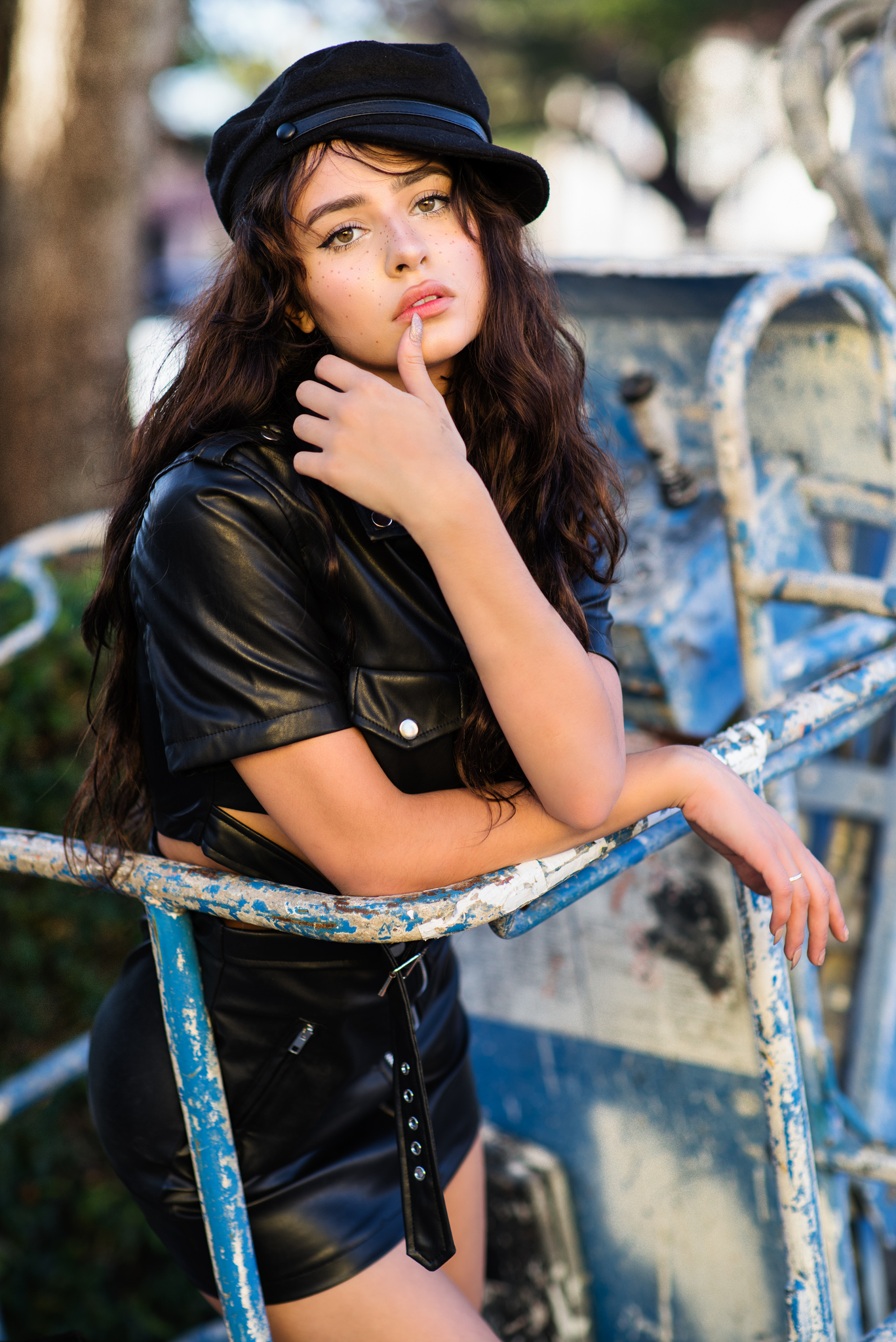 Christopher Rankin Women Model Portrait Amanda Crenshaw Brunette Looking At Viewer Freckles Leather  1367x2048