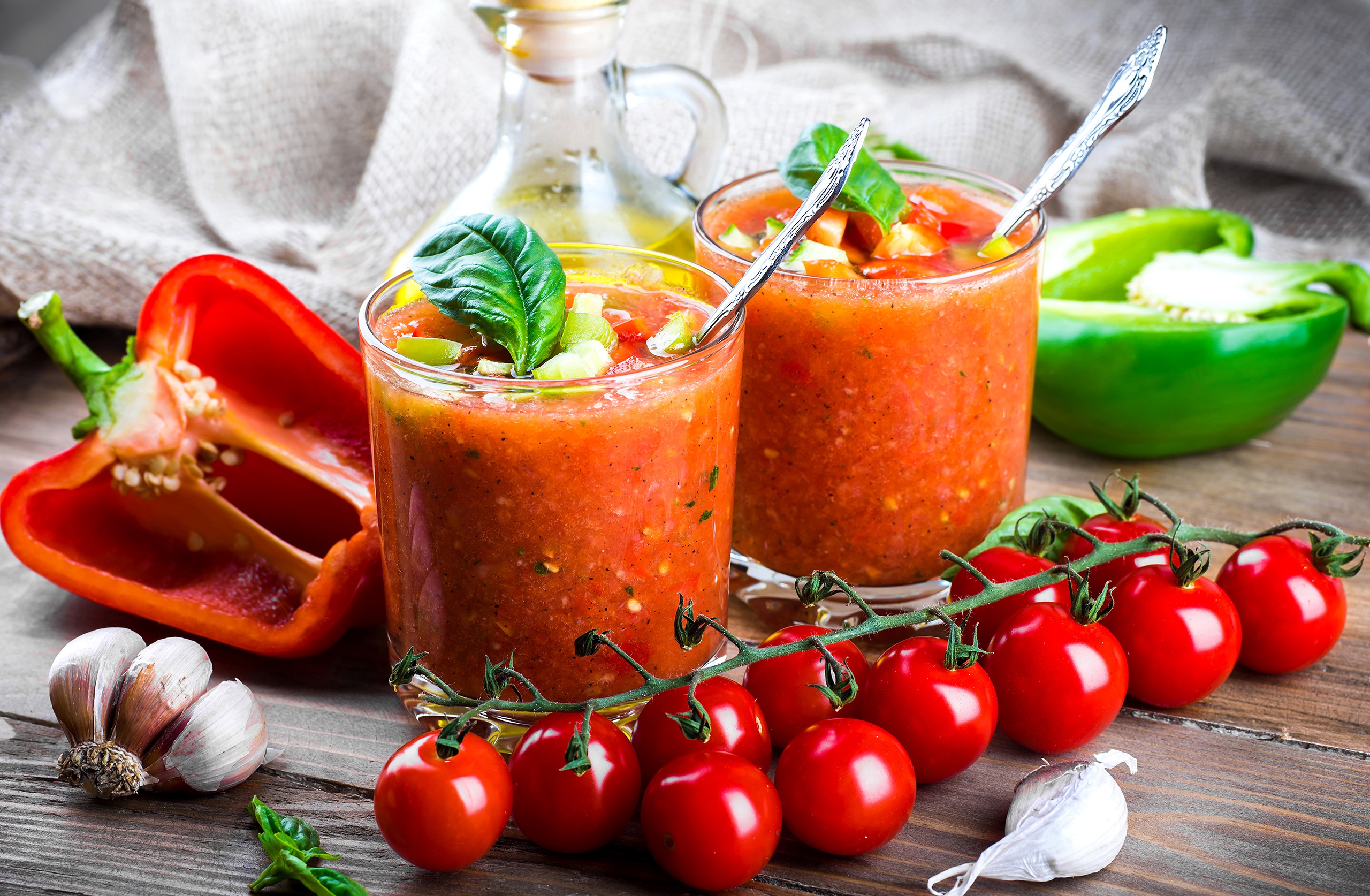 Vegetables Food Garlic Tomatoes Bell Peppers Soup Basil Olive Oil Wooden Surface Gazpacho 2560x1674