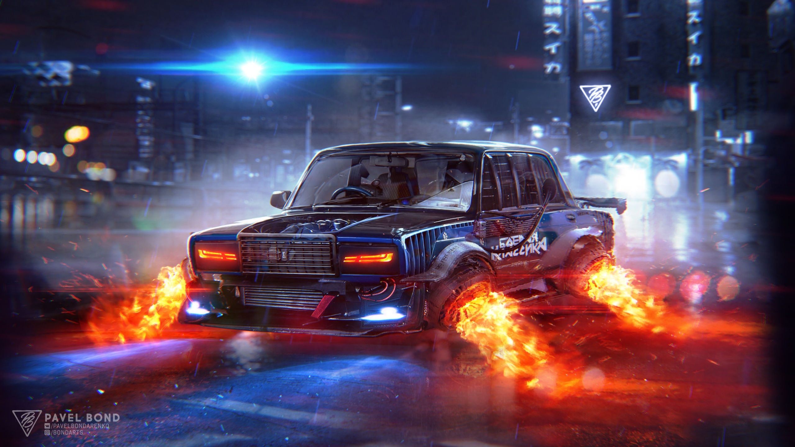 Digital Art Photoshop Artwork Car Futuristic Cyberpunk Fire Depth Of Field City Lights Pavel Bondare 2560x1440