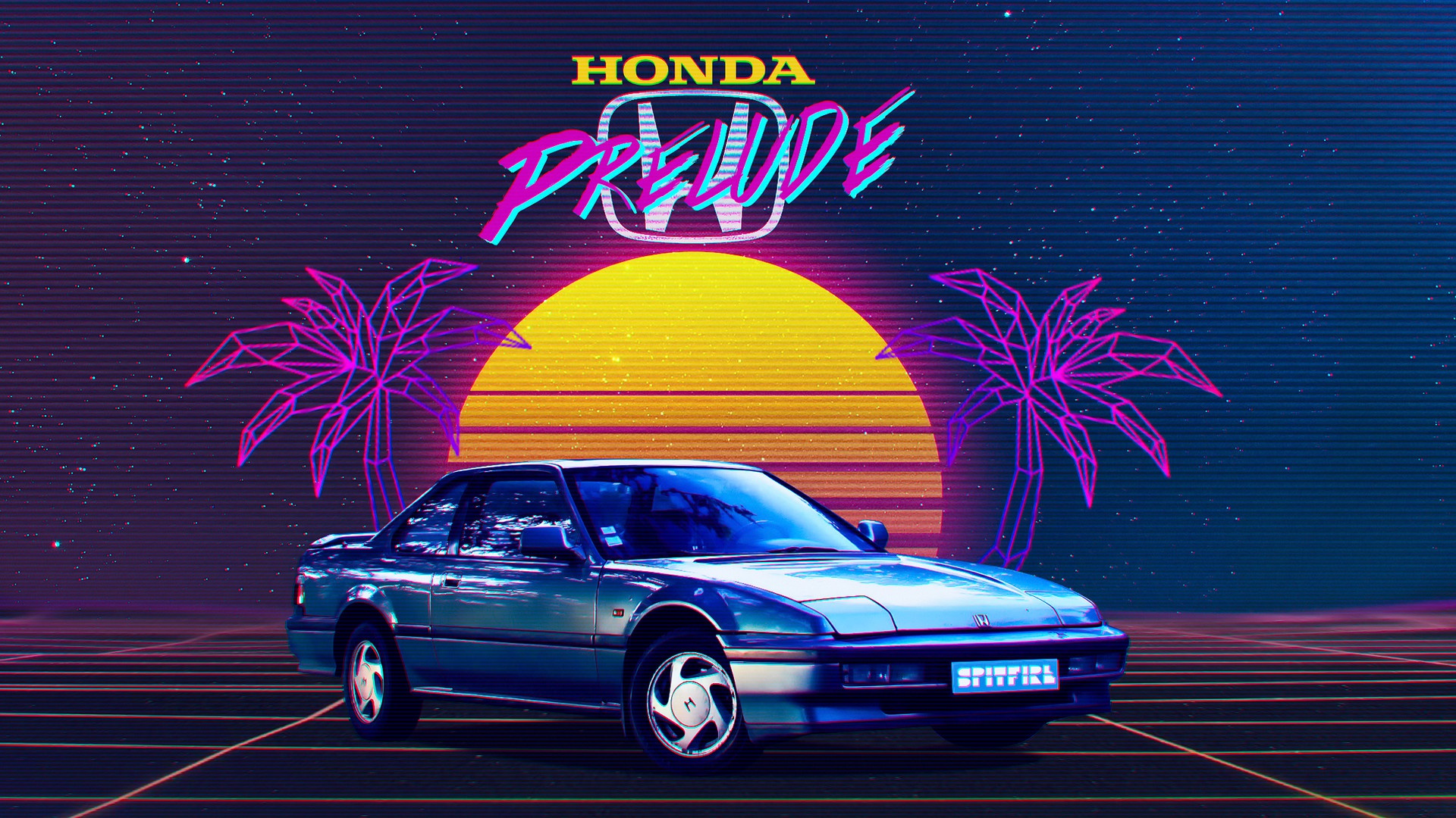 Retrowave Synth Car Vehicle Blue Cars Honda Digital Art Pop Up Headlights Honda Prelude 1920x1080