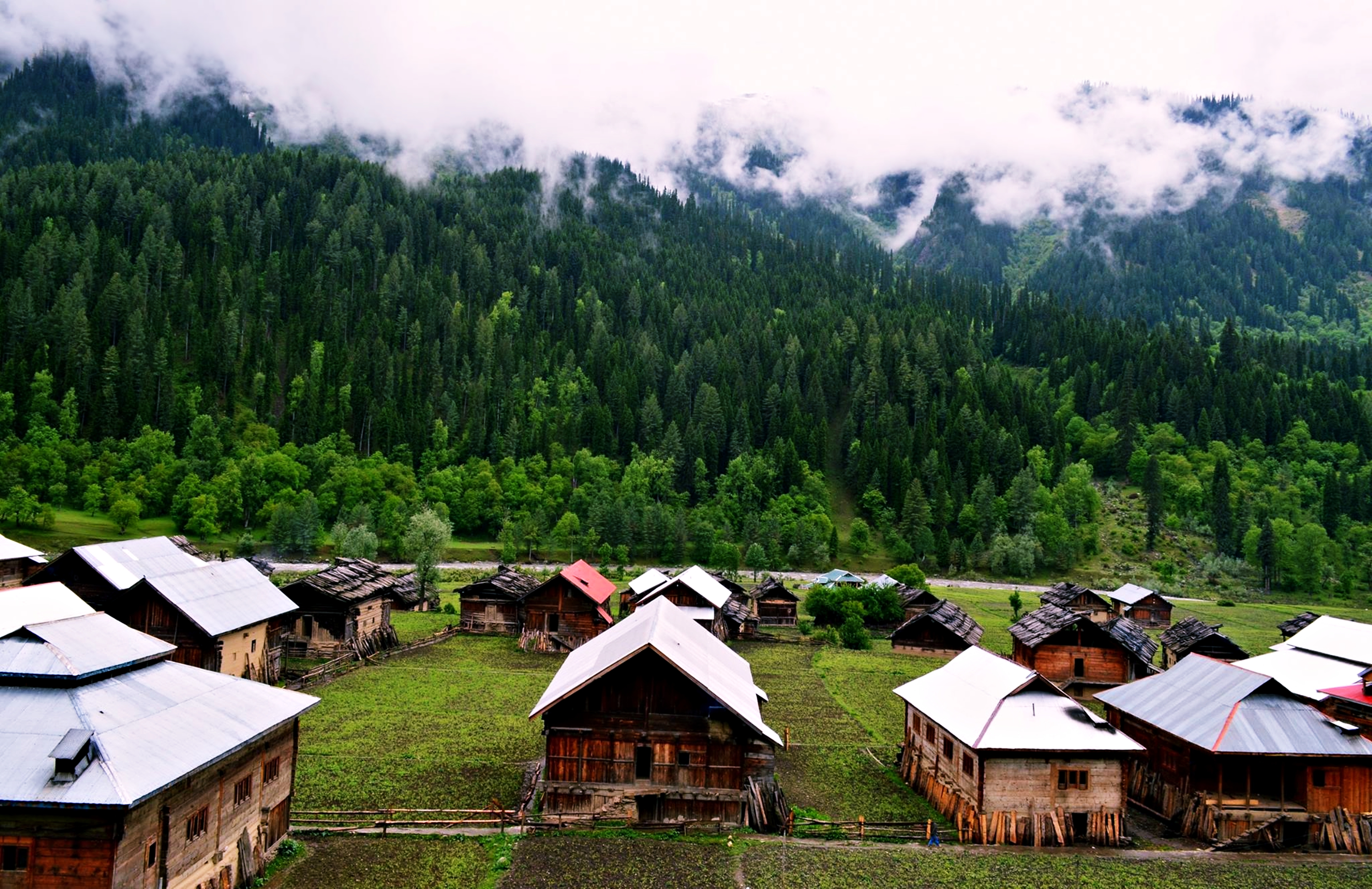 Landscape Village Hut House Forest Mountain Kashmir Pakistan 3840x2488