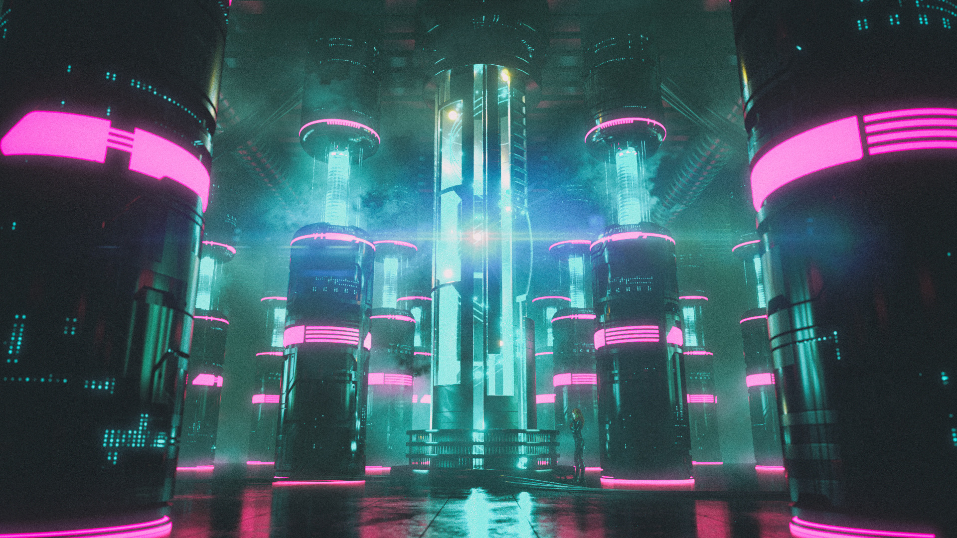 David Legnon Cyberpunk Engine Room Pillar Neon Glow Pink Blue Smoke Science Fiction 1920x1080