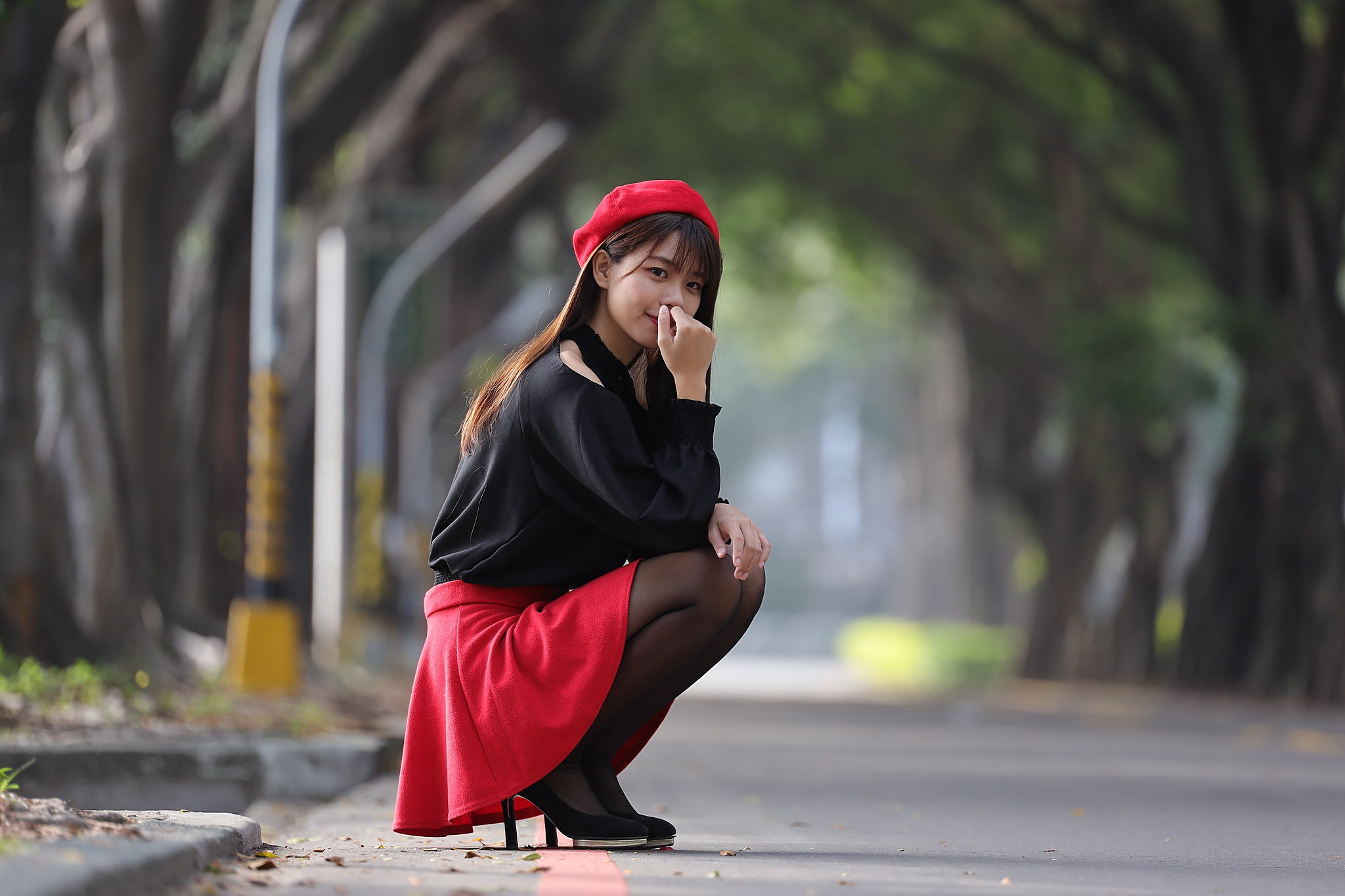 Asian Women Model Squatting Red Skirt Berets Nylon Stockings High Heels Alleyway Trees Depth Of Fiel 2048x1365