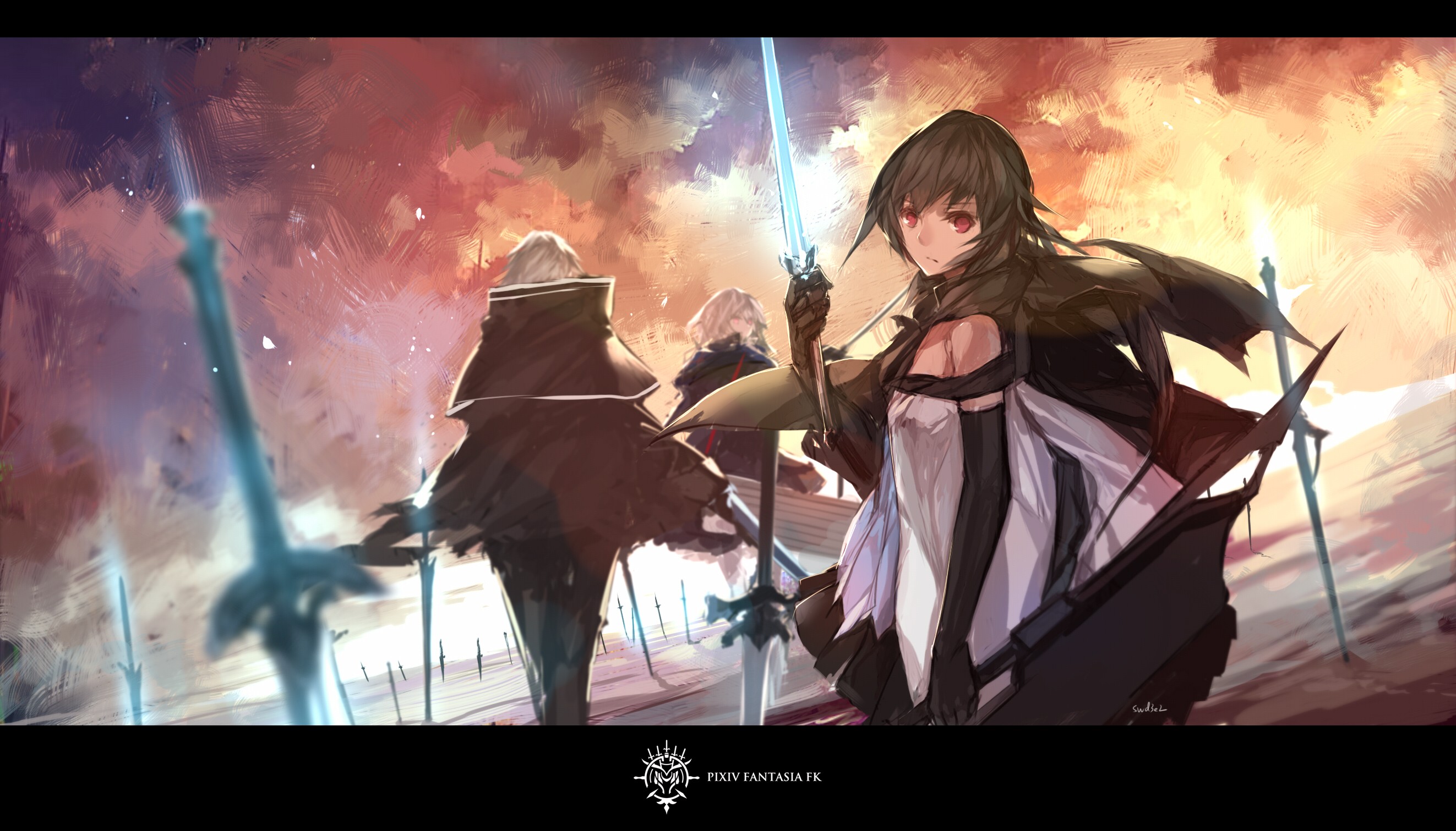 Swd3e2 Anime Girls Pixiv Fantasia Original Characters Black Hair Red Eyes Gloves Detached Sleeves Sw 2645x1511