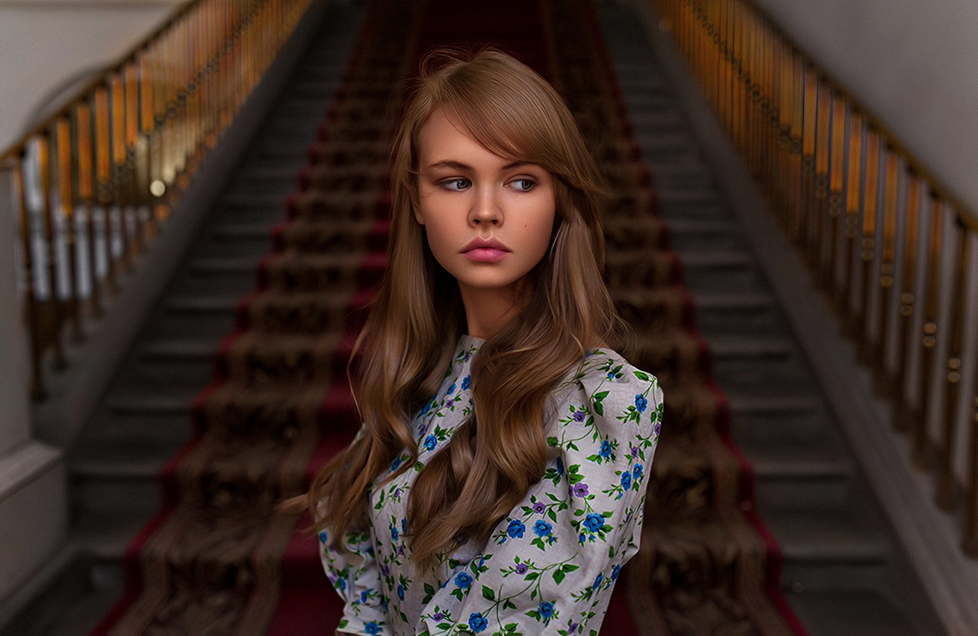 Portrait Stairs Blonde Pink Lipstick Looking Away Women Andrey Brandis 2000x1300