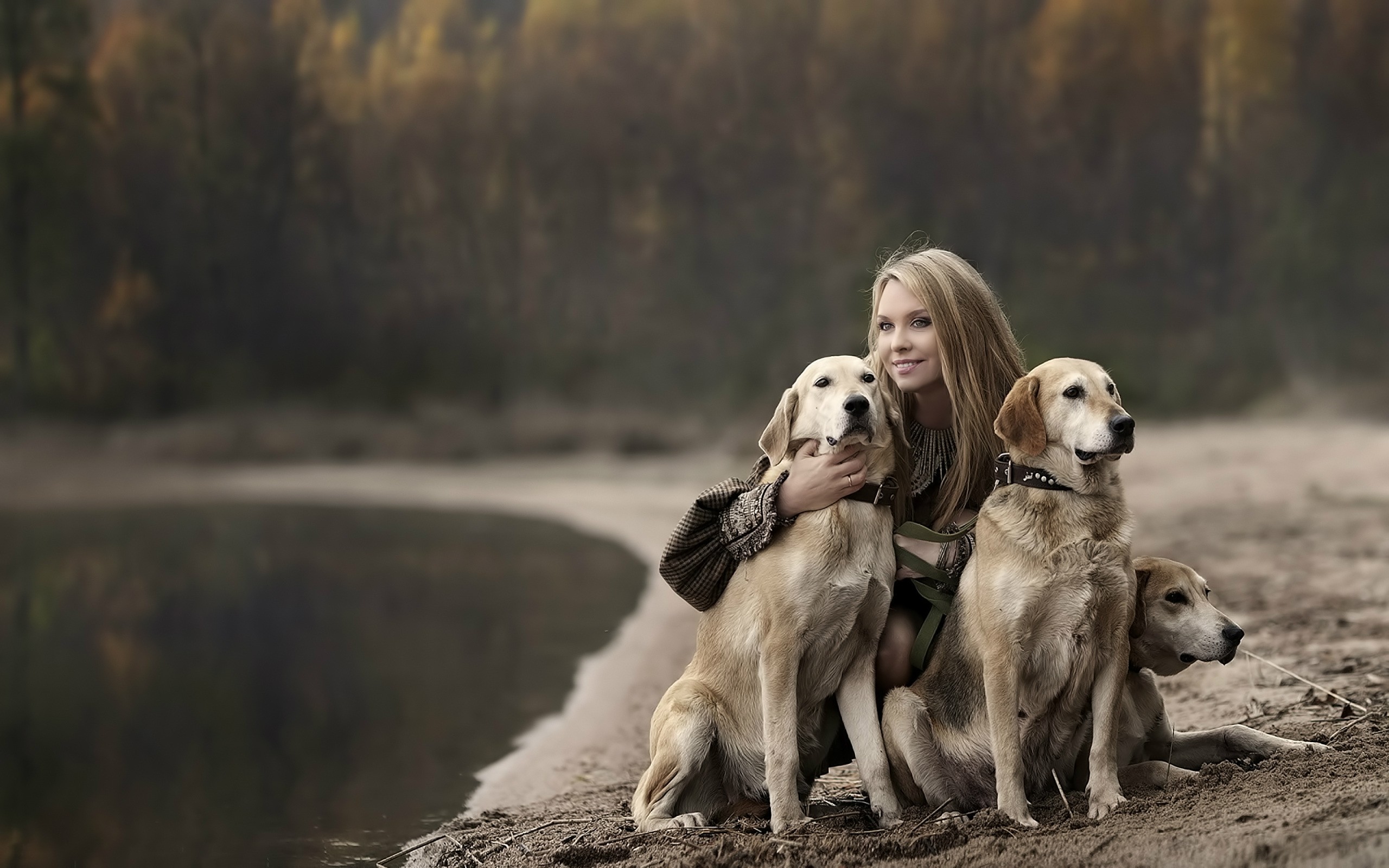 Blonde Trees Dog Looking Away Lake Forest Women With Dogs Portrait 2560x1600