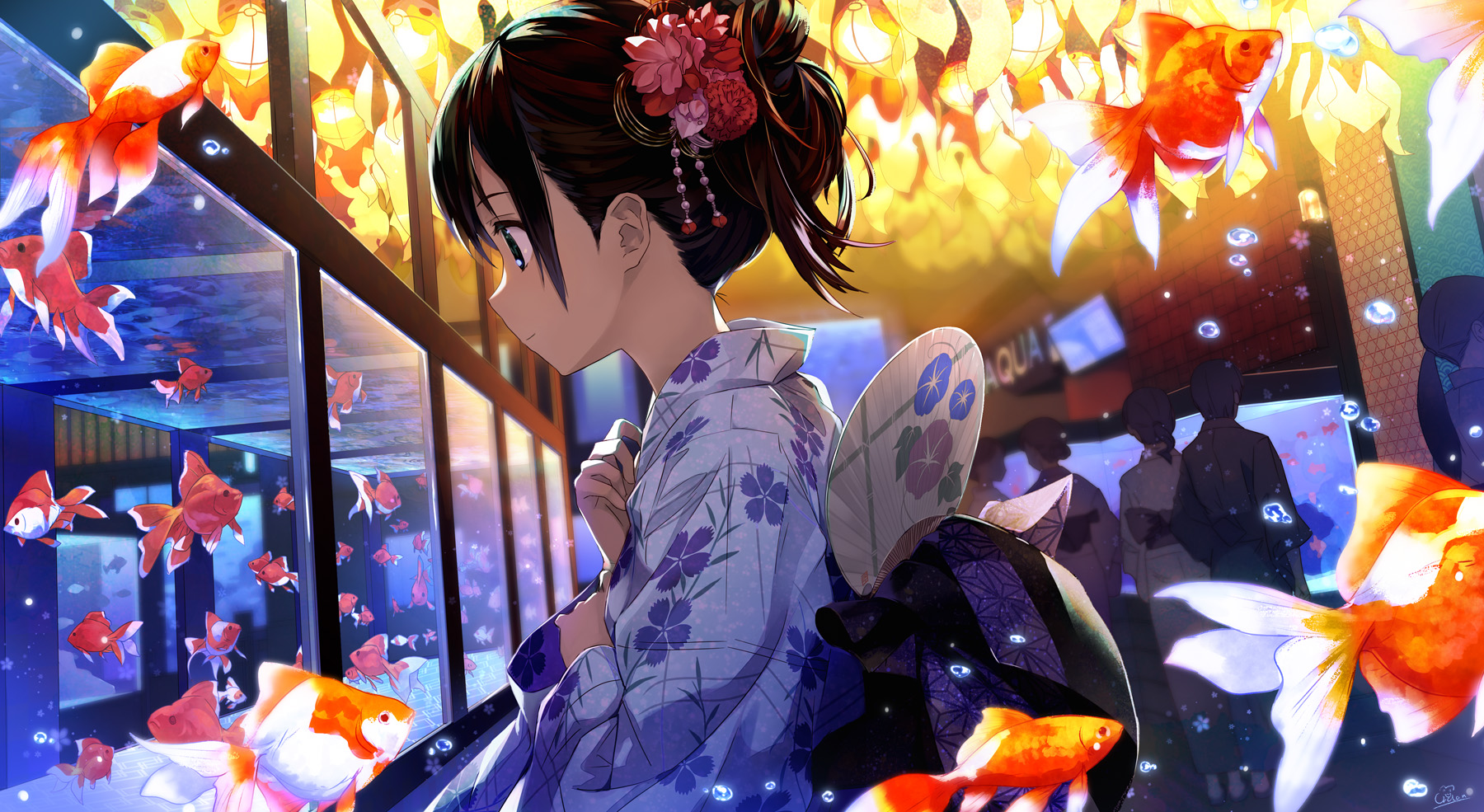 Anime Kimono Fish Fish Tank Brunette Anime Girls 1800x985