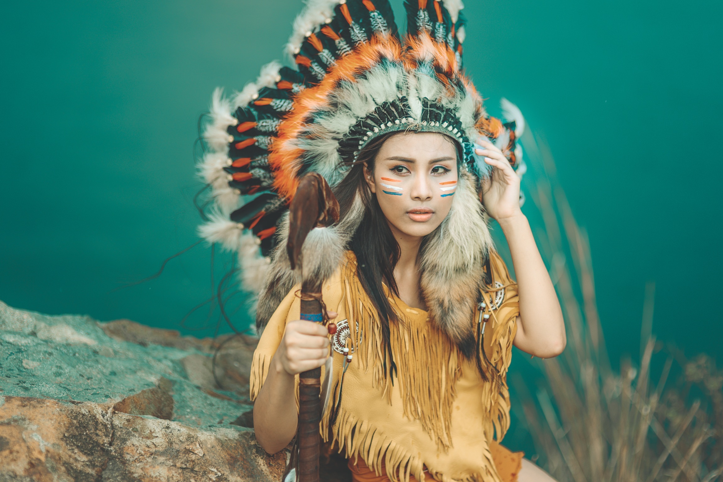 Native American Woman Model Girl Asian Feather Brown Eyes 2304x1536
