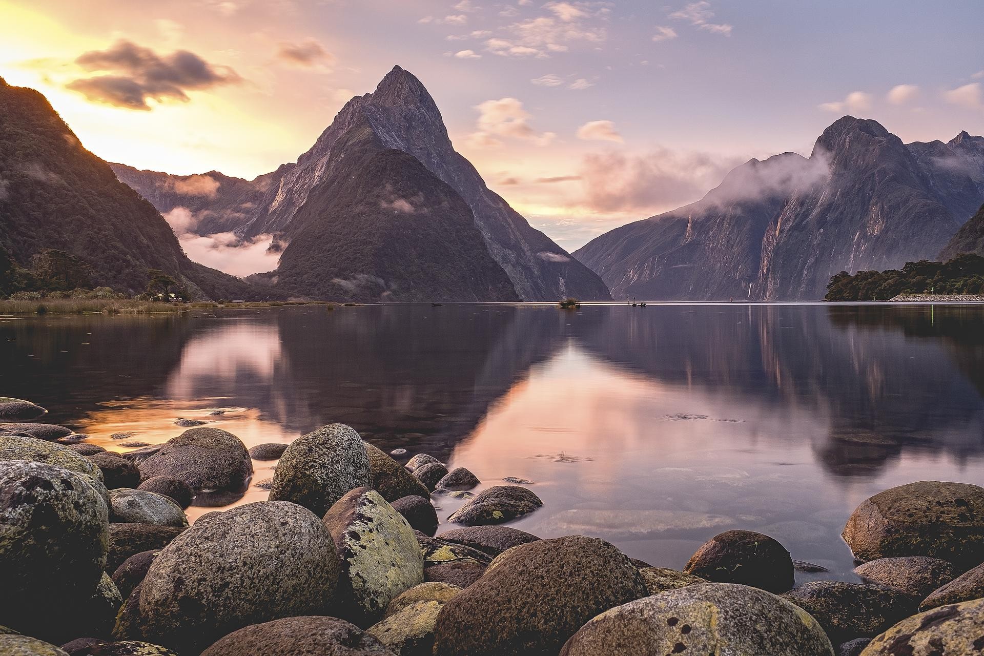 New Zealand Milford Sound Rock Lake Mountains Sunset Clouds Landscape 1920x1280