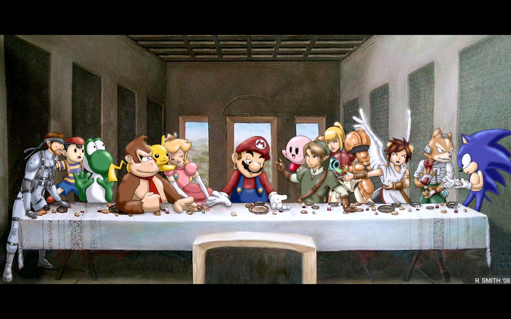 Digital Art Super Mario Sonic Kirby Painting The Legend Of Zelda Table The Last Supper Parody Link S 1680x1050