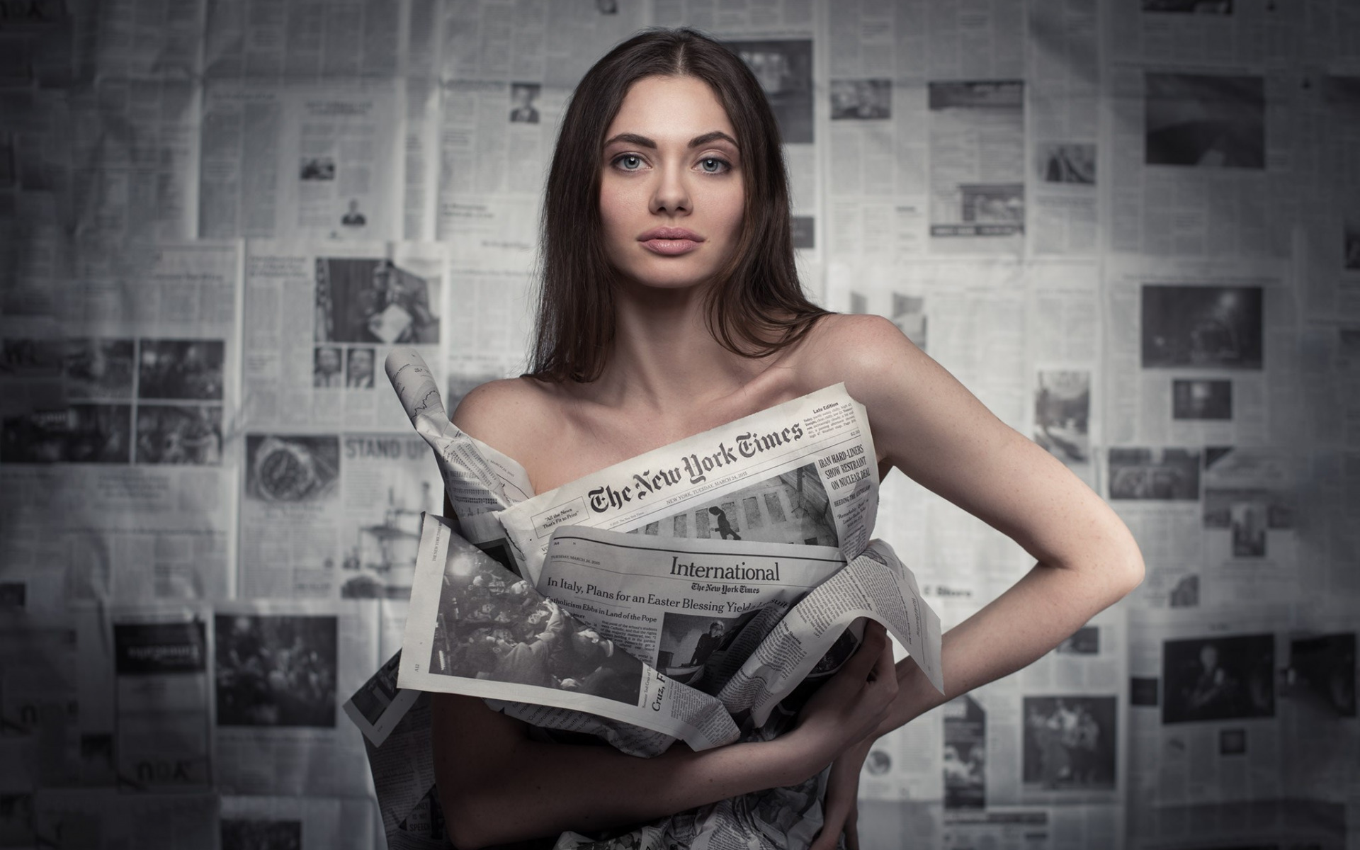 Women Model Brunette Long Hair Newspapers Depth Of Field Bare Shoulders Face Looking At Viewer The N 1920x1200