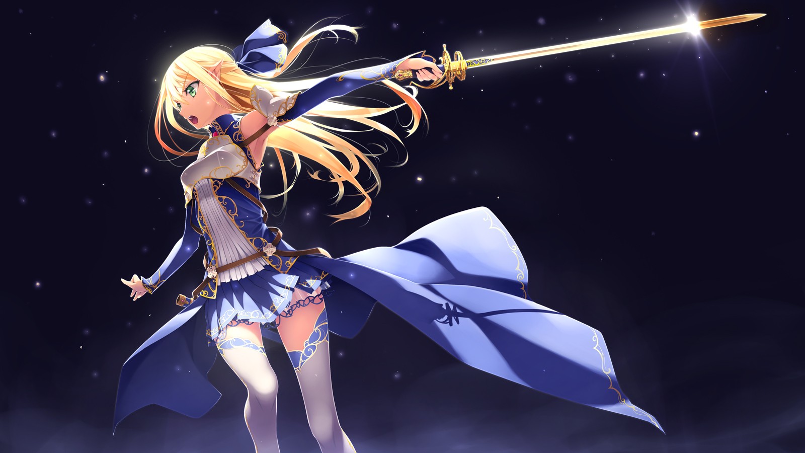 Original Characters Murakami Suigun Blonde Sword Thigh Highs Long Hair Anime Girls Weapon Zettai Ryo 1600x900