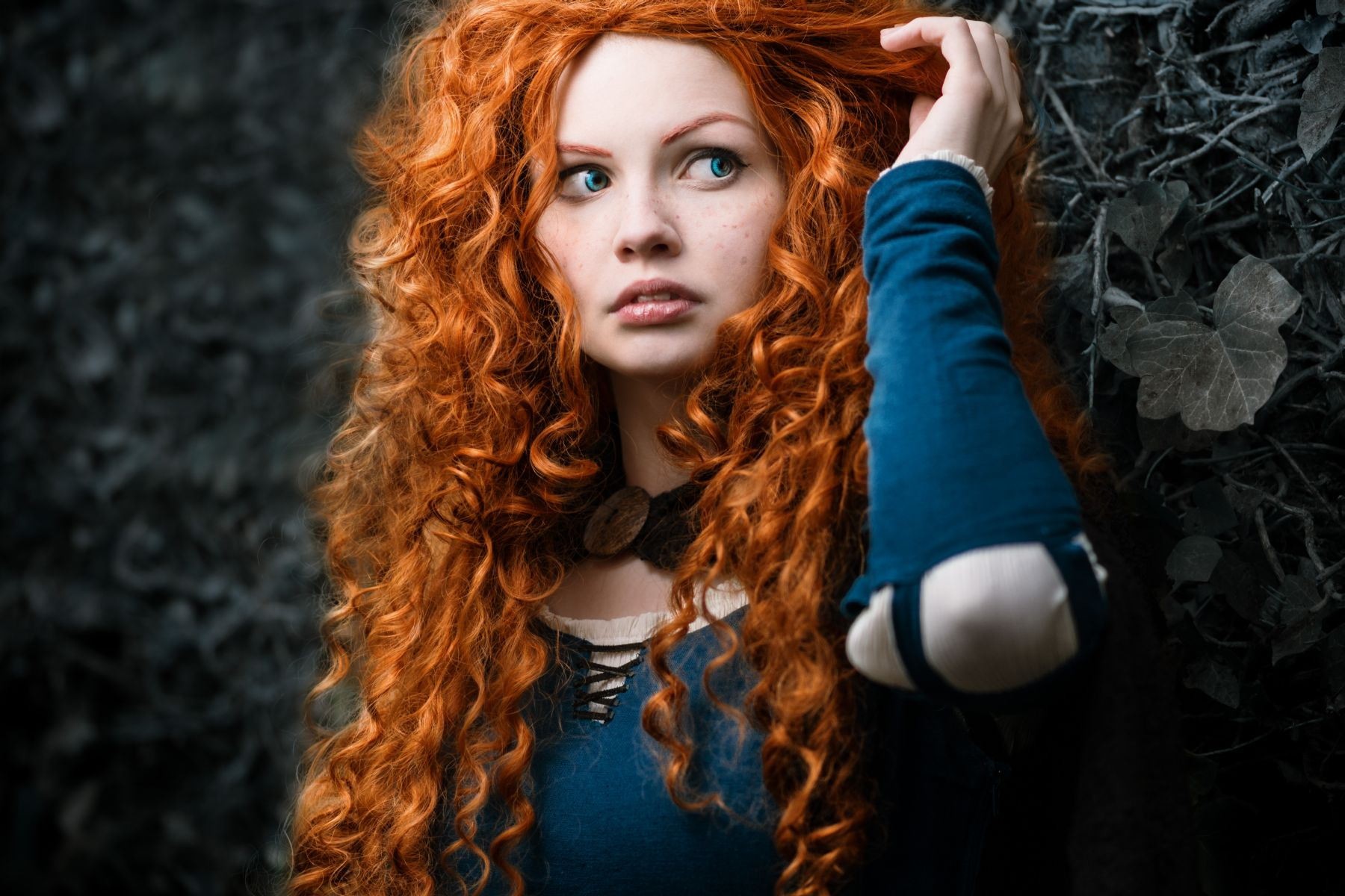 Women Redhead Curly Hair Selective Coloring Brave Cosplay Blue Eyes Princess Merida 1800x1200