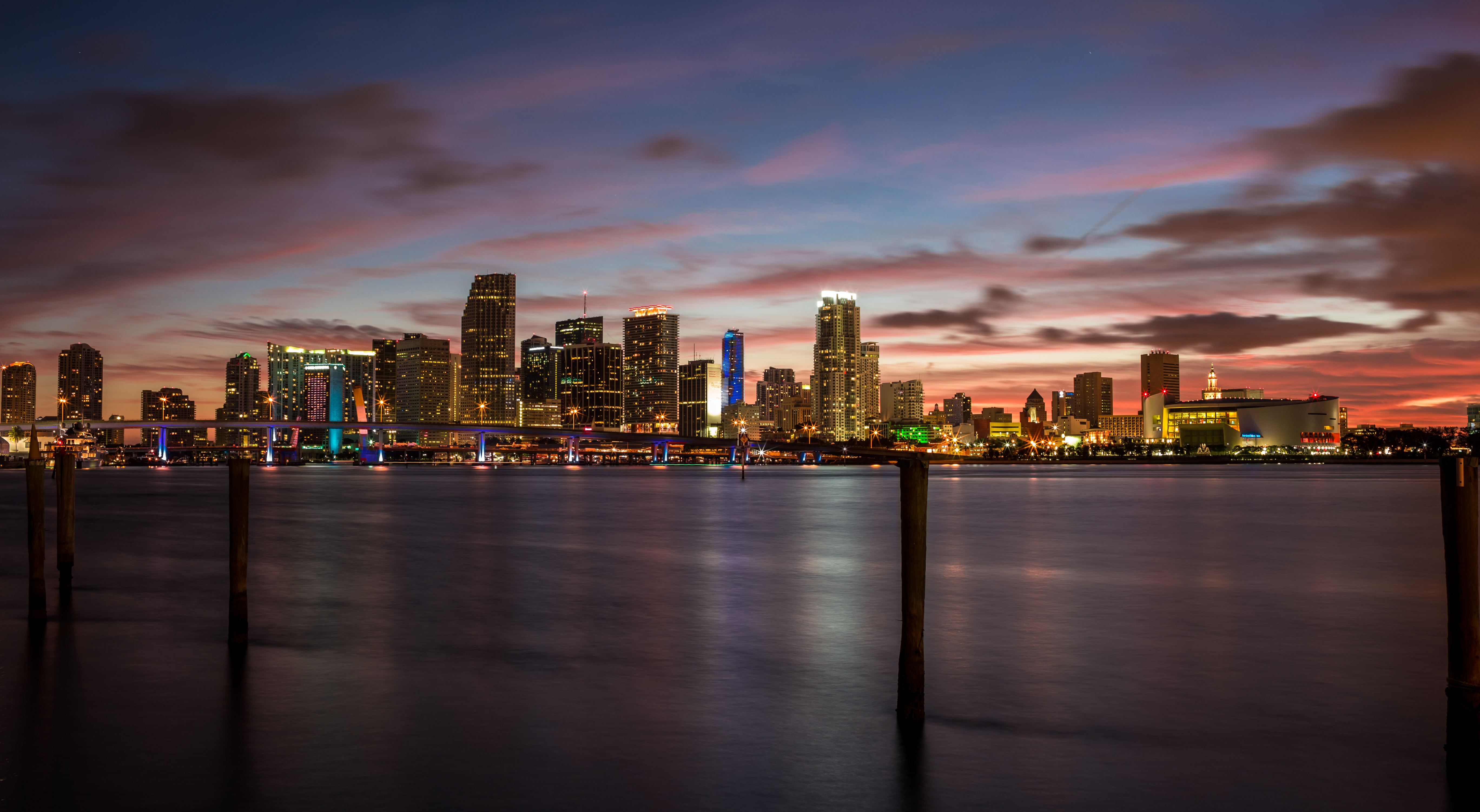 Miami Florida City Night Cityscape Skyscraper Water 5472x3004