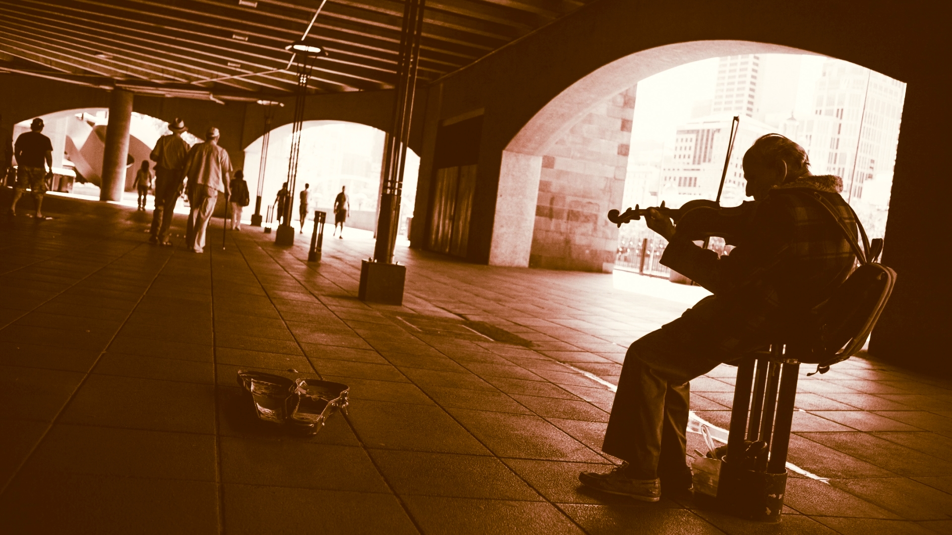 Homeless Filter Violin City Men Sepia 1920x1080