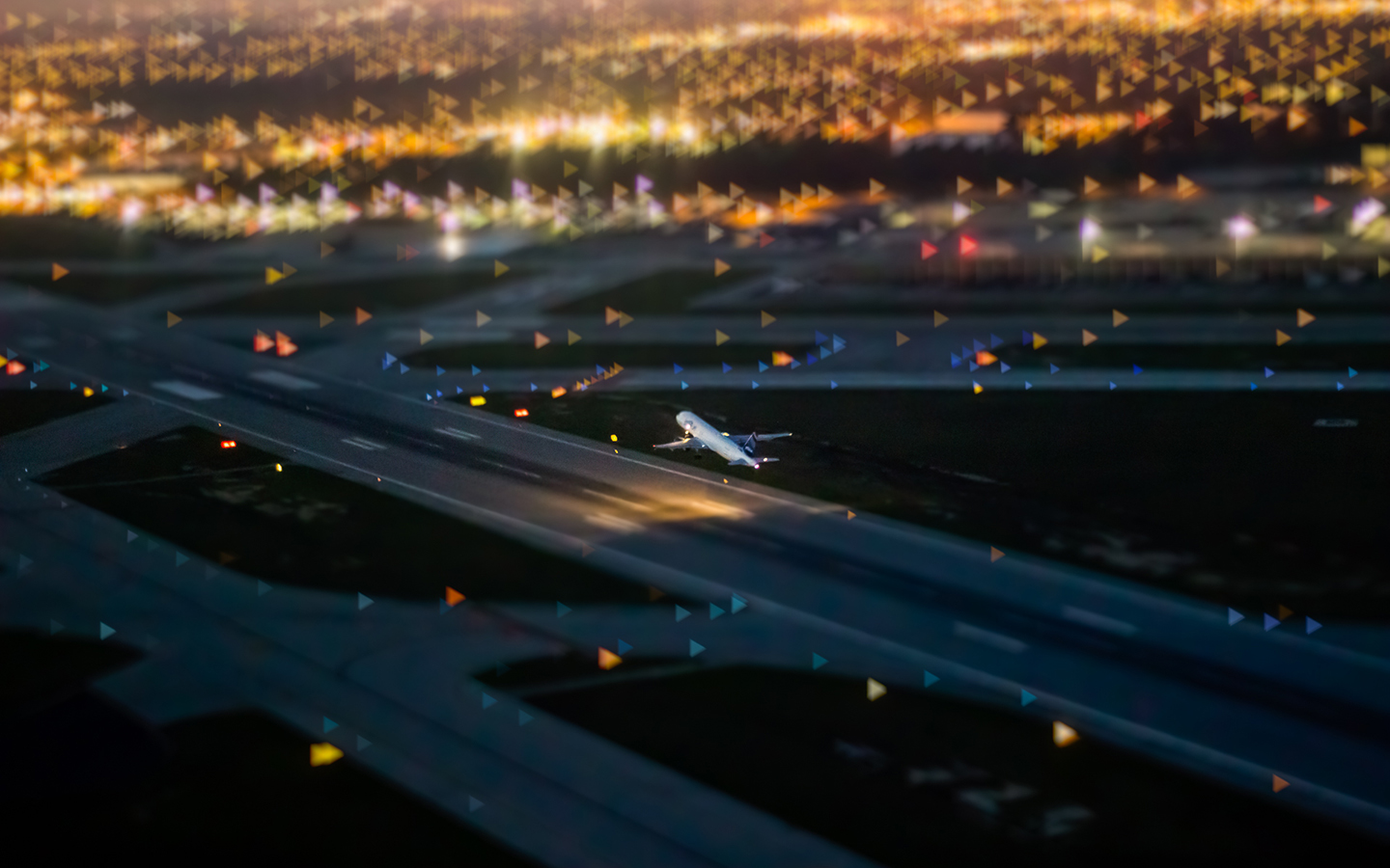 Tilt Shift Airplane Airfield City Lights Night Minimalism Runway Aerial View 1440x900