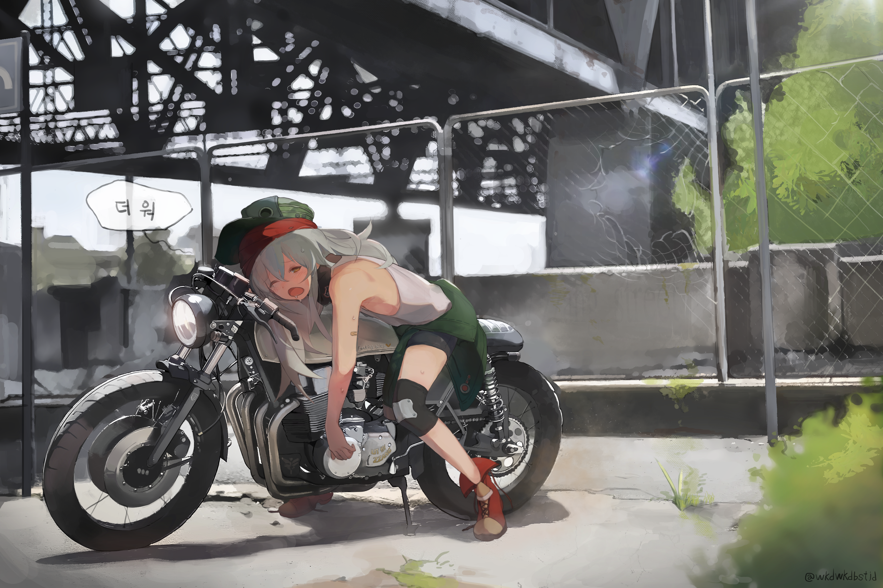 Women Silver Hair Baseball Caps Yellow Eyes Open Mouth Girls Frontline Tired Motorcycle Bushes Anime 3002x2001