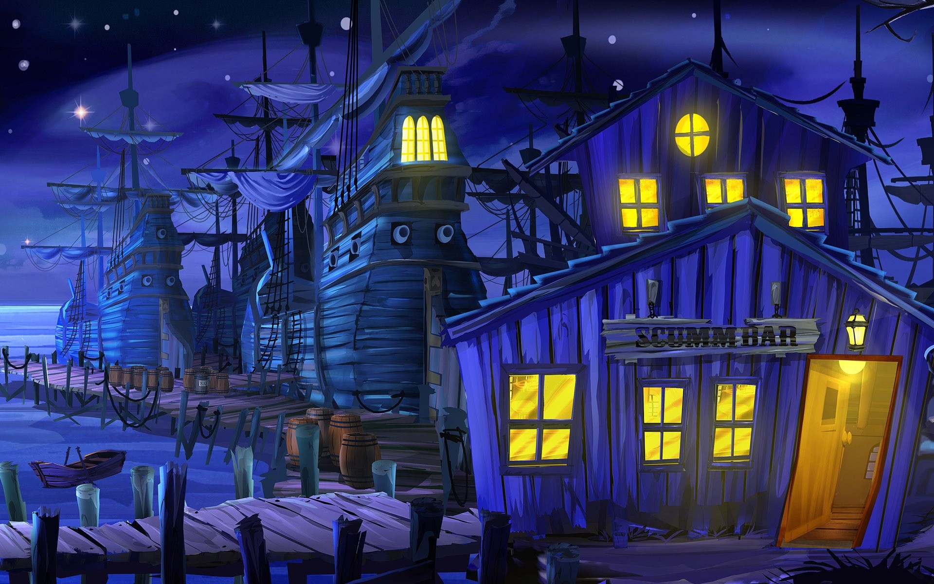 Digital Art Building Monkey Island Sailing Ship Bar Pier Lights Wood Ports Night Video Games Old Gam 1920x1200