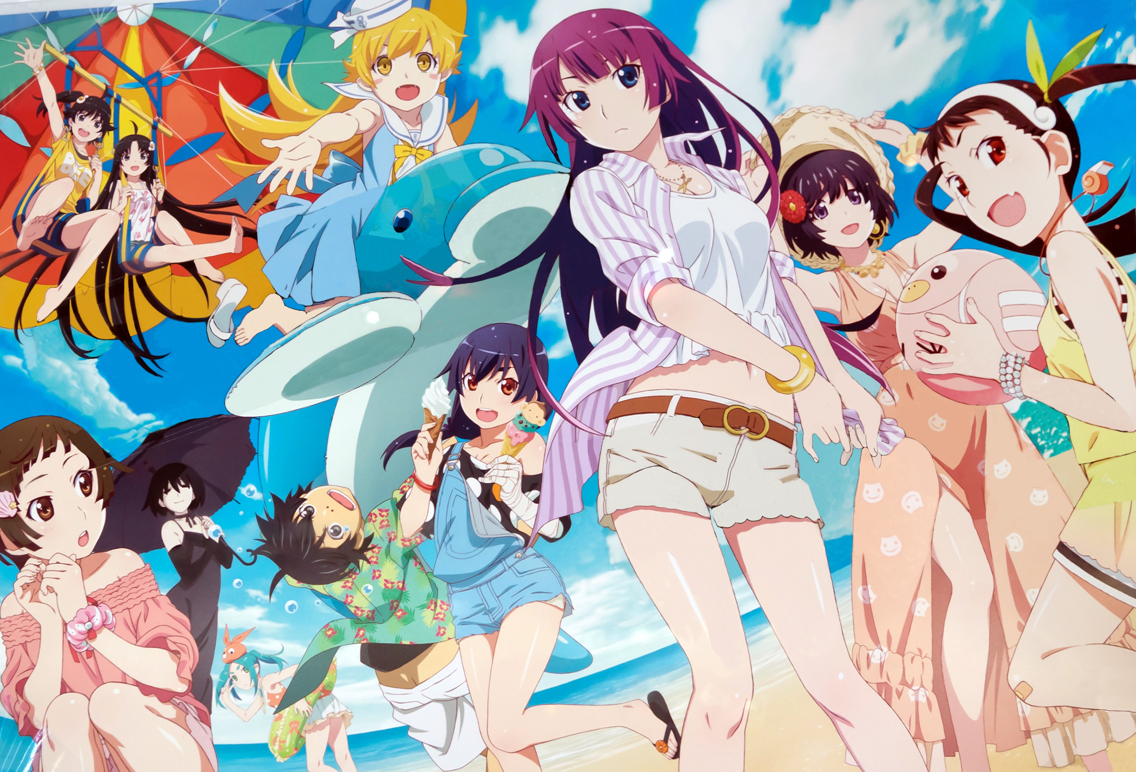 Anime Anime Girls White Skin Artwork Monogatari Series Beach Oshino Shinobu Ononoki Yotsugi Senjouga 3892x2646