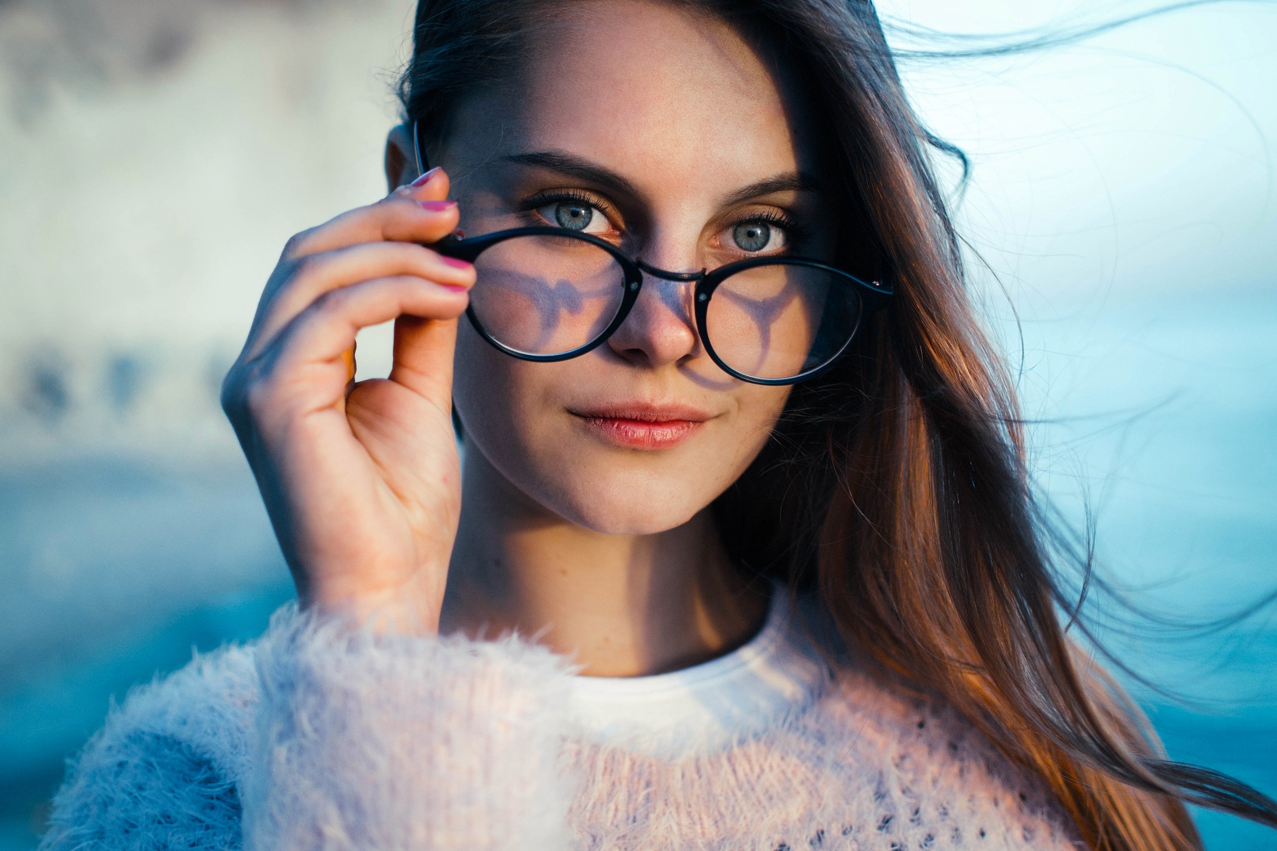 Women Face Portrait Pink Nails Women With Glasses Touching Glasses 2560x1707