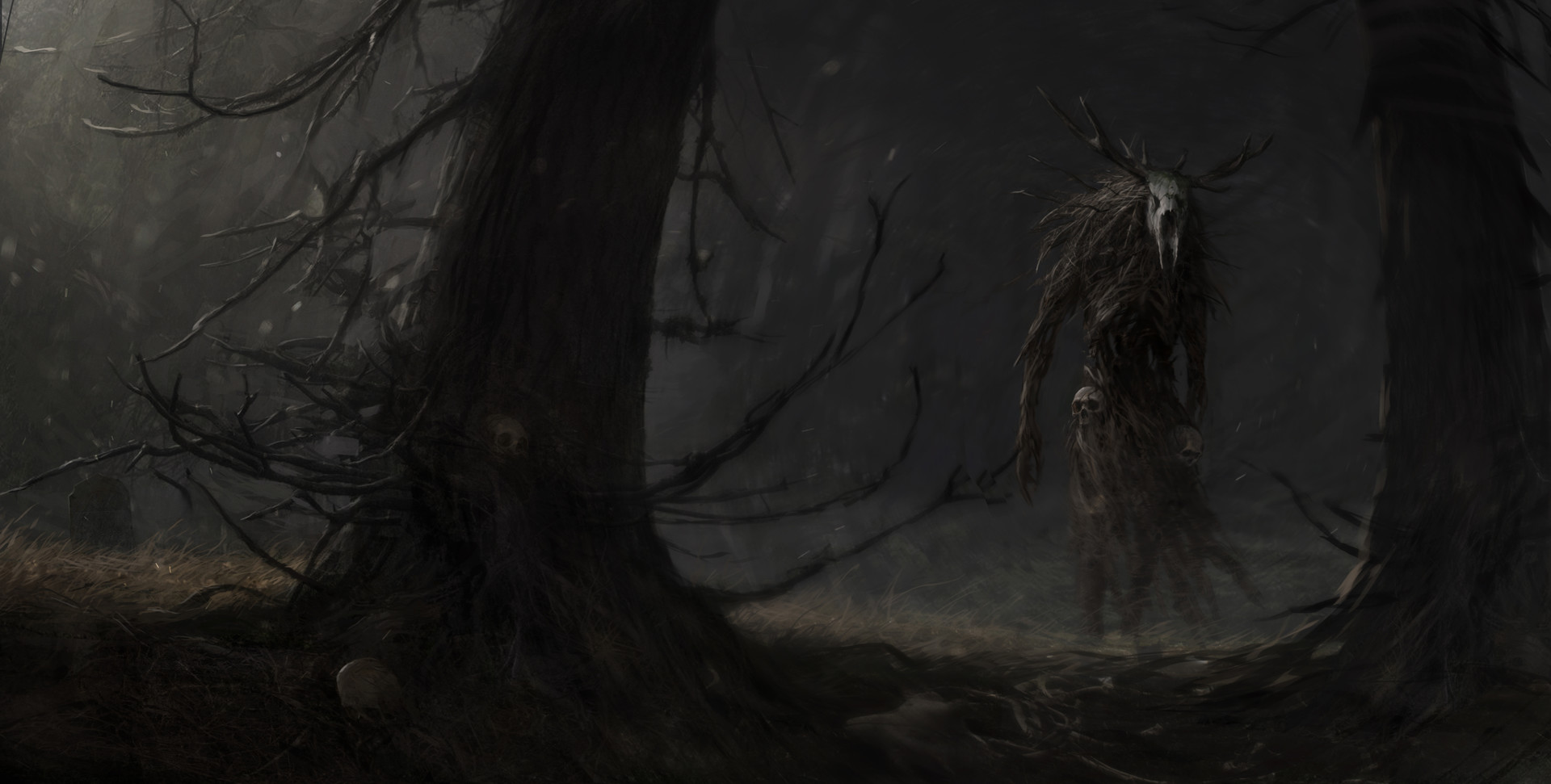 Artem Demura Forest Skull Horror Ancient River Creature Leshin The Witcher Dark Fantasy 1920x971