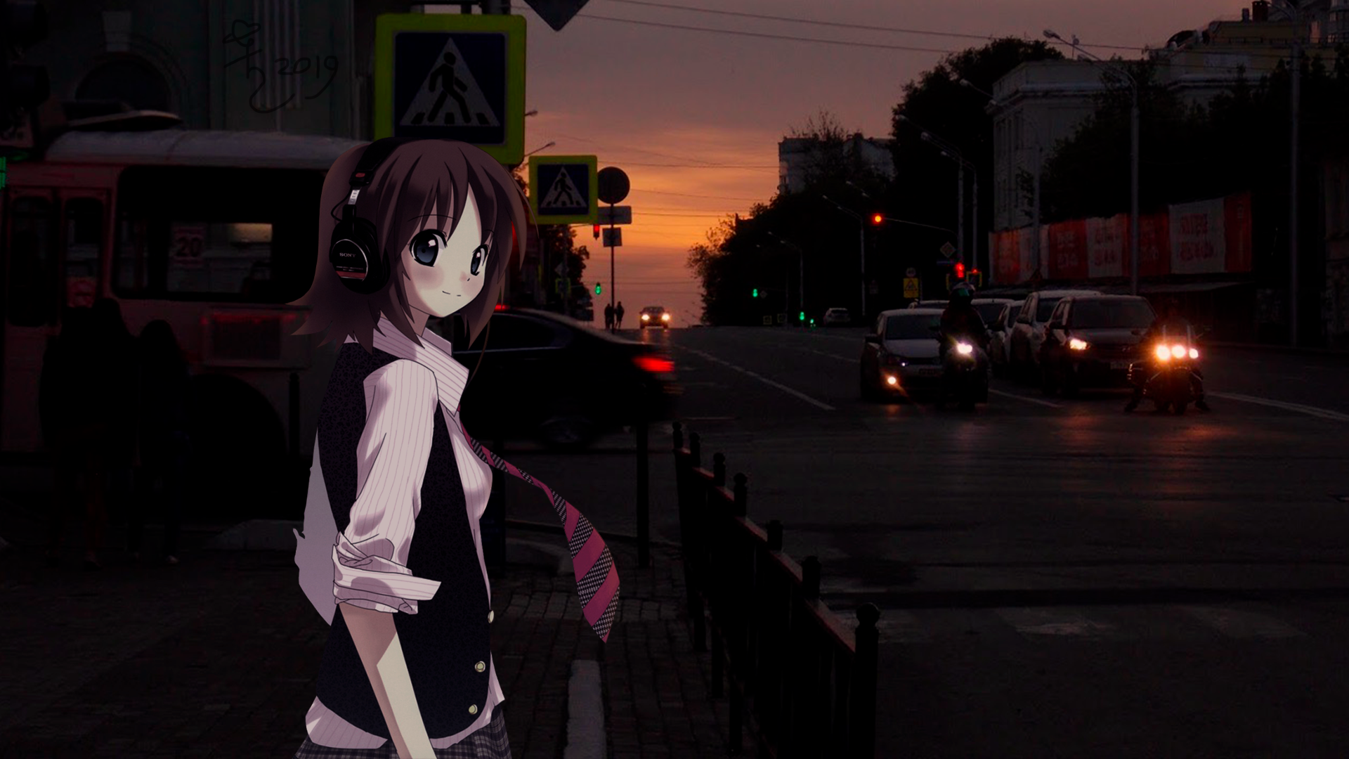 Anime Girlfriend Beta Walking Music Road Russia Anime Irl Dark Traffic Anime Girls 1920x1080